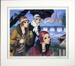 20th century color lithograph French scene female figures river umbrellas