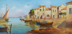French Mediterranean Provencal Oil On Canvas, Boats in Martigues, 1940-1950s