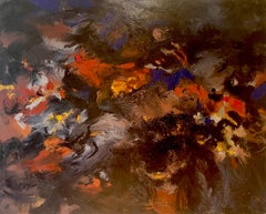 Tableau contemporain abstrait dramatique bleu foncé et rouge, de très grande taille.