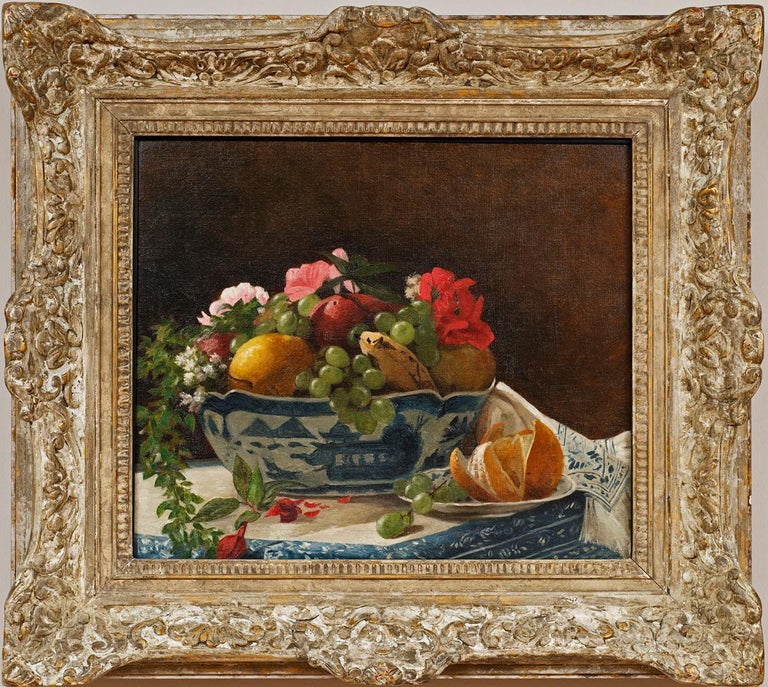 François Bonvin Interior Painting - “Bowl With Fruit and Flowers”  by Francois Bonvin-Attrib. (French 1817-1887)