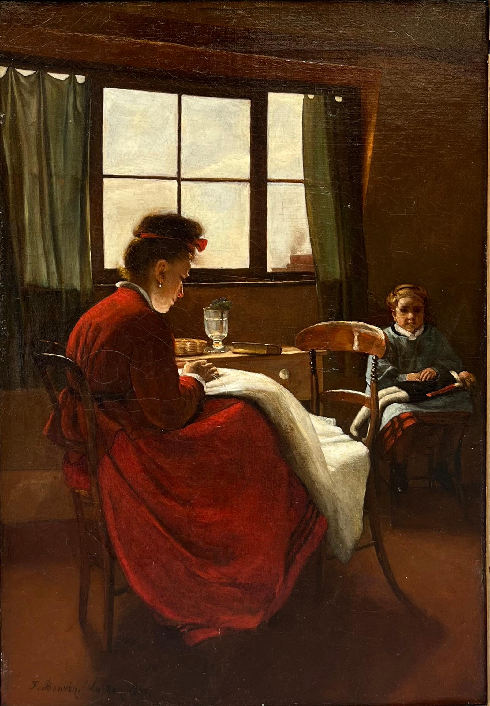 François Bonvin Figurative Painting - Interior scene - Woman and child