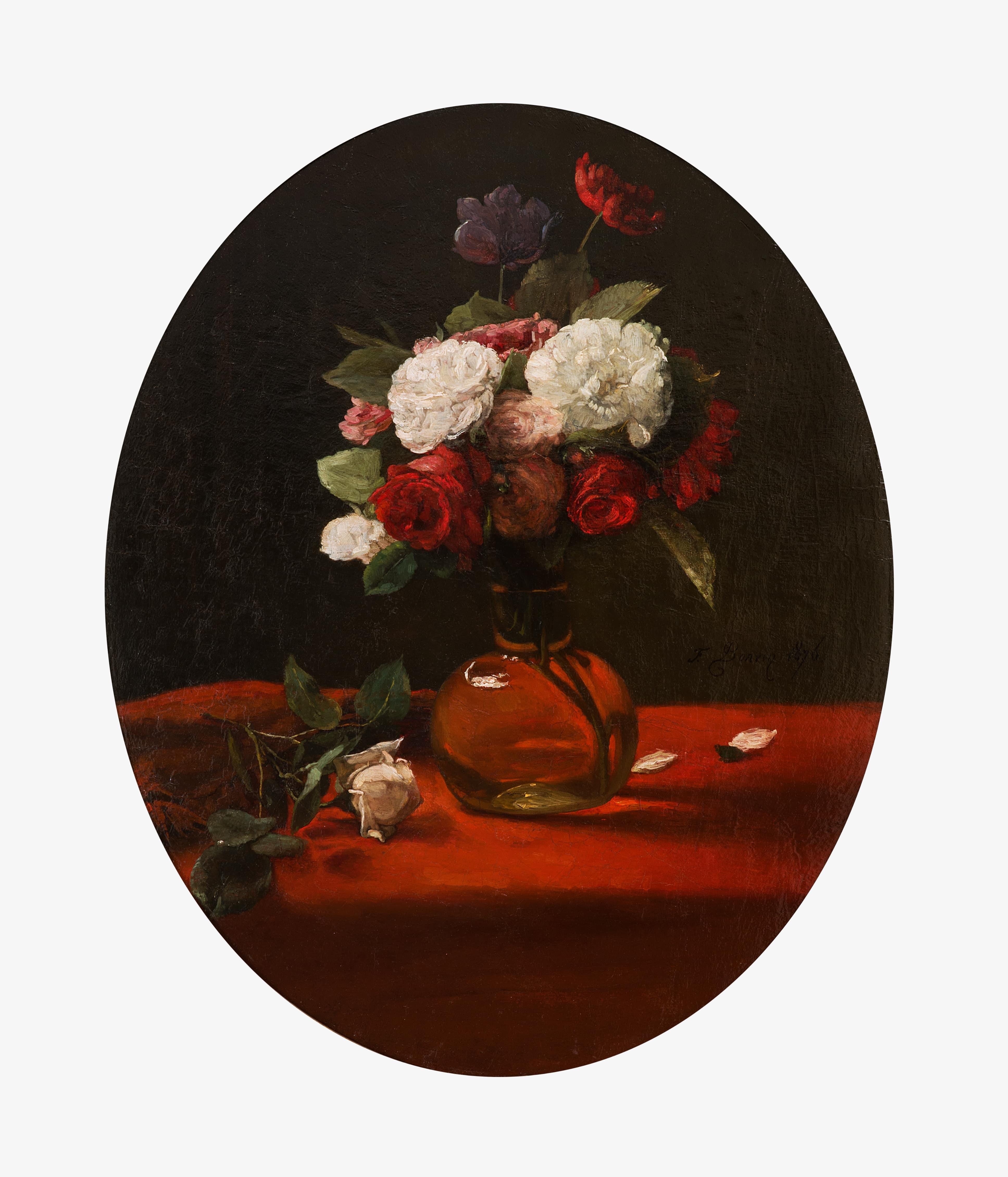 Nature morte con un bouquet di fiori e rose su un tavolo nappato - Painting di François Bonvin