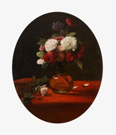 Nature morte au bouquet de pivoines et roses sur une table nappée