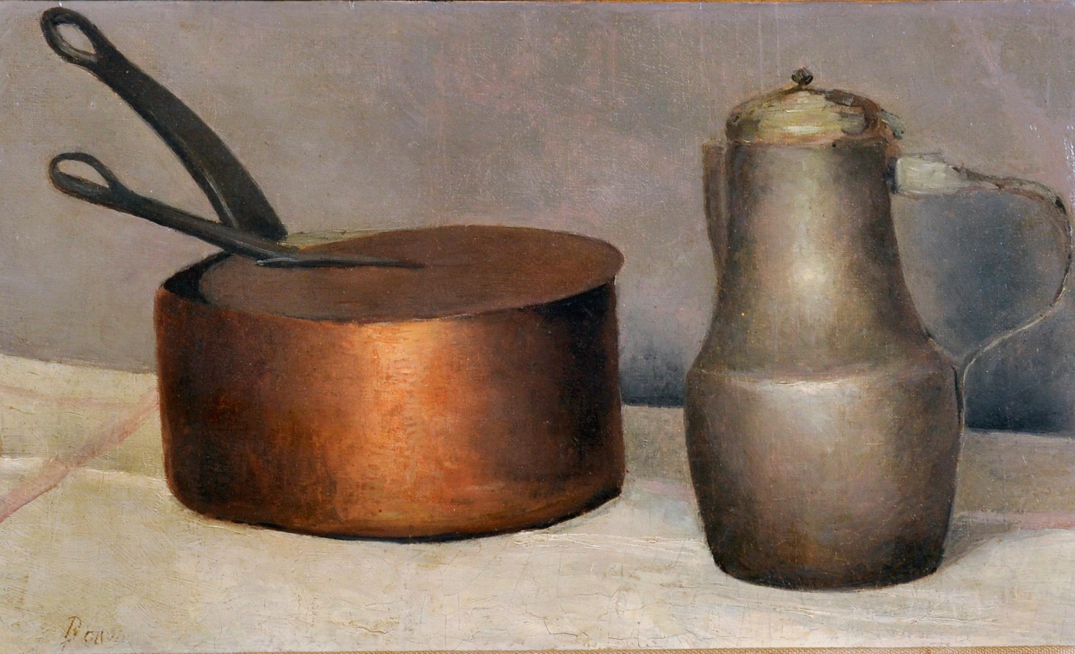 Still Life of a Copper Pan and Pewter Jug - Painting by François Bonvin