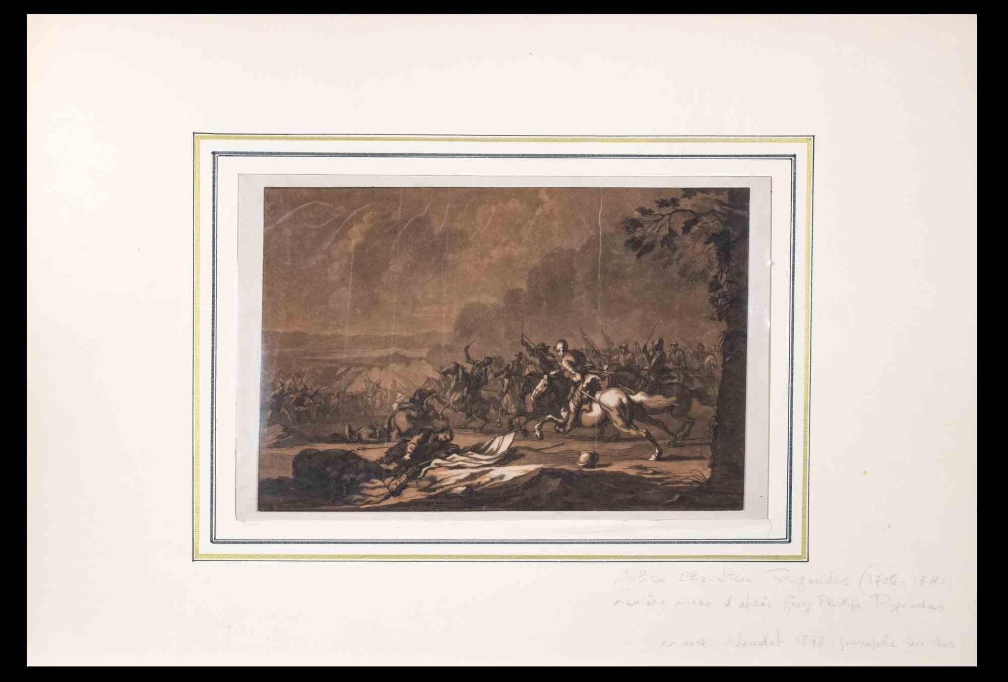 Battle Scene - Original Etching by Christian Johann Rugendas- 18th Century - Print by François Bonvin