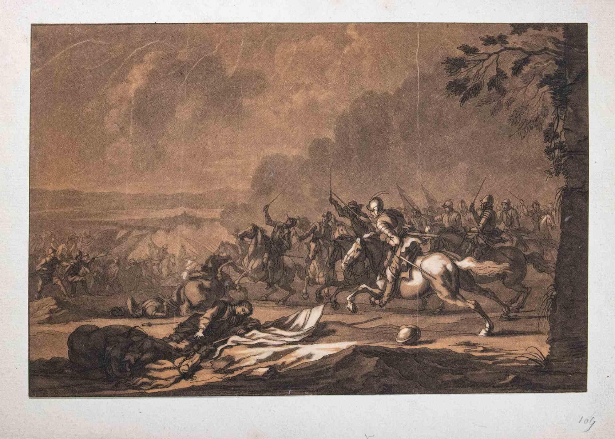 François Bonvin Figurative Print - Battle Scene - Original Etching by Christian Johann Rugendas- 18th Century