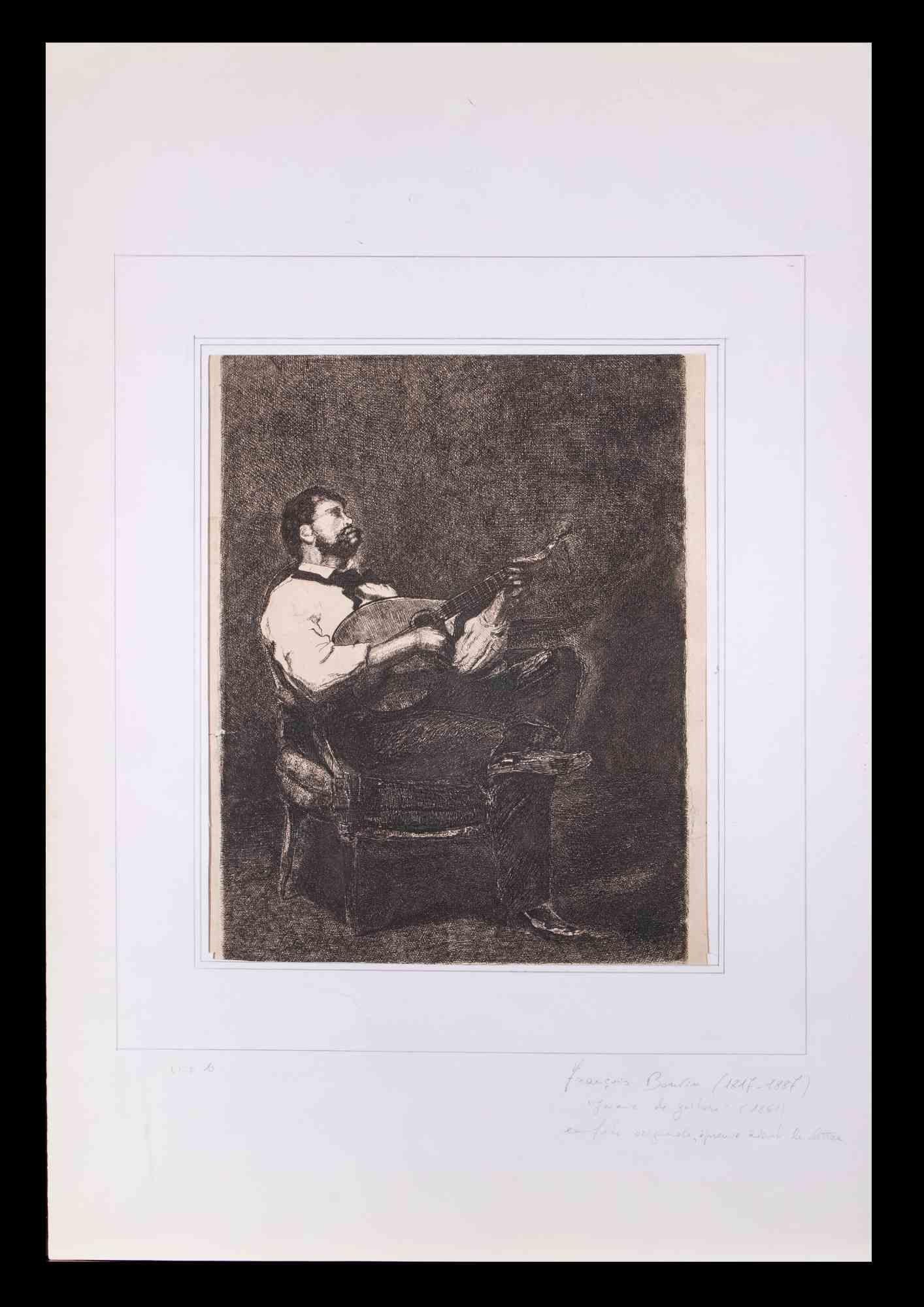 Gitarrenspieler  Original-Radierung von F. Bonvin - 1861 – Print von François Bonvin