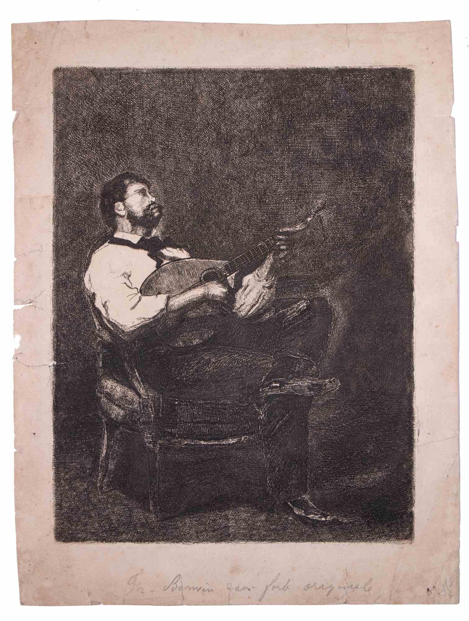 François Bonvin Figurative Print – Gitarrenspieler  Original-Radierung von F. Bonvin - 1861