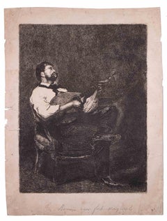 Guitar Player  - Original Etching by F. Bonvin - 1861