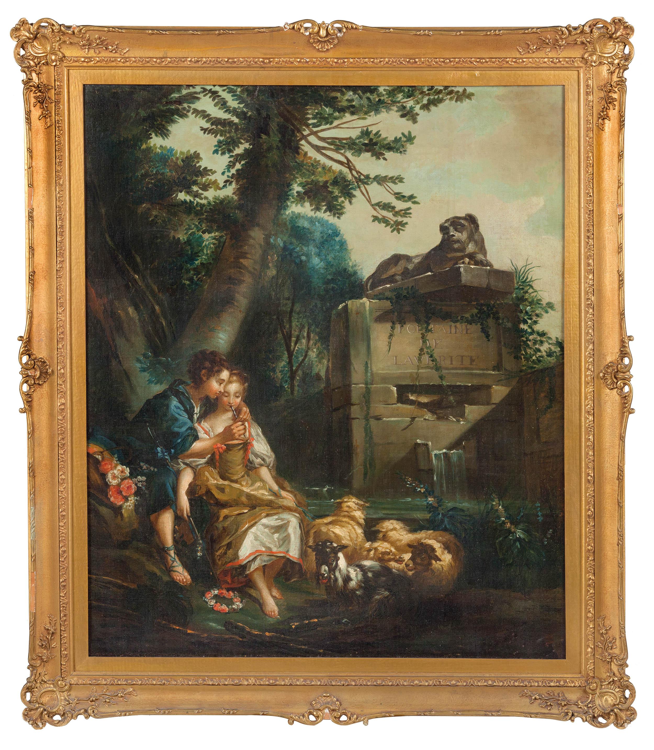 Francois Boucher (1703-1770) Figurative Painting - "A shepherd teaching a shepherdess to play the flute"