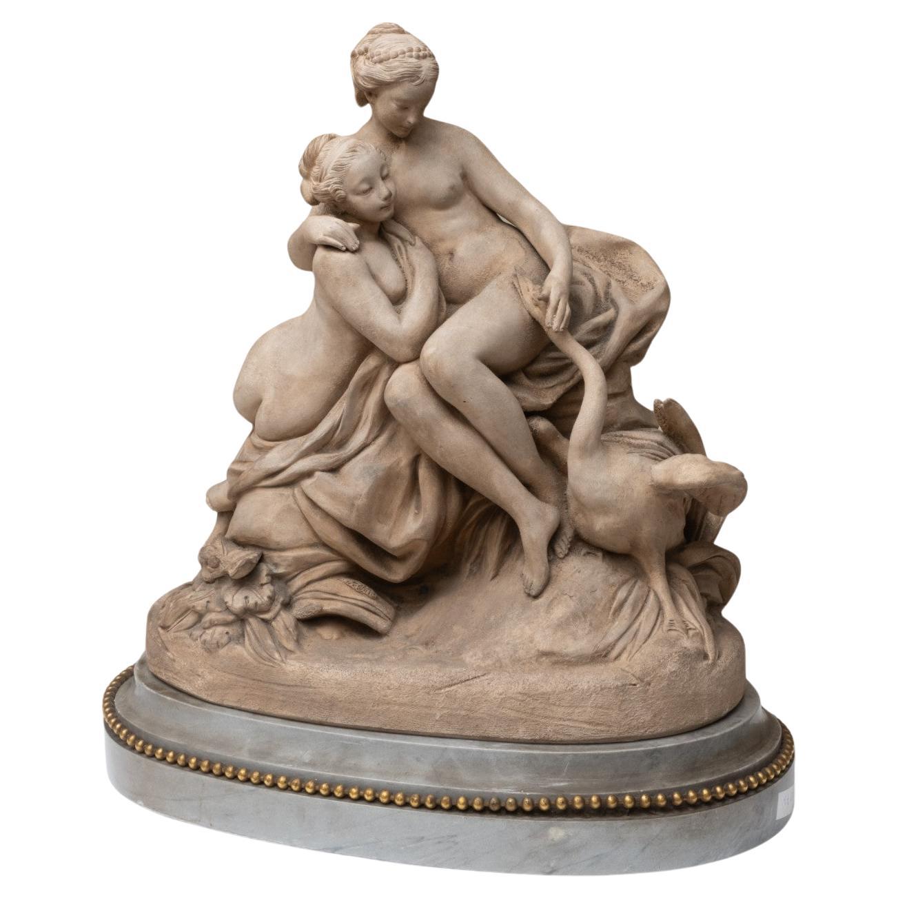 Francois Boucher (after) Antique Sevres Signed Terracotta Sculpture of Leda and  For Sale