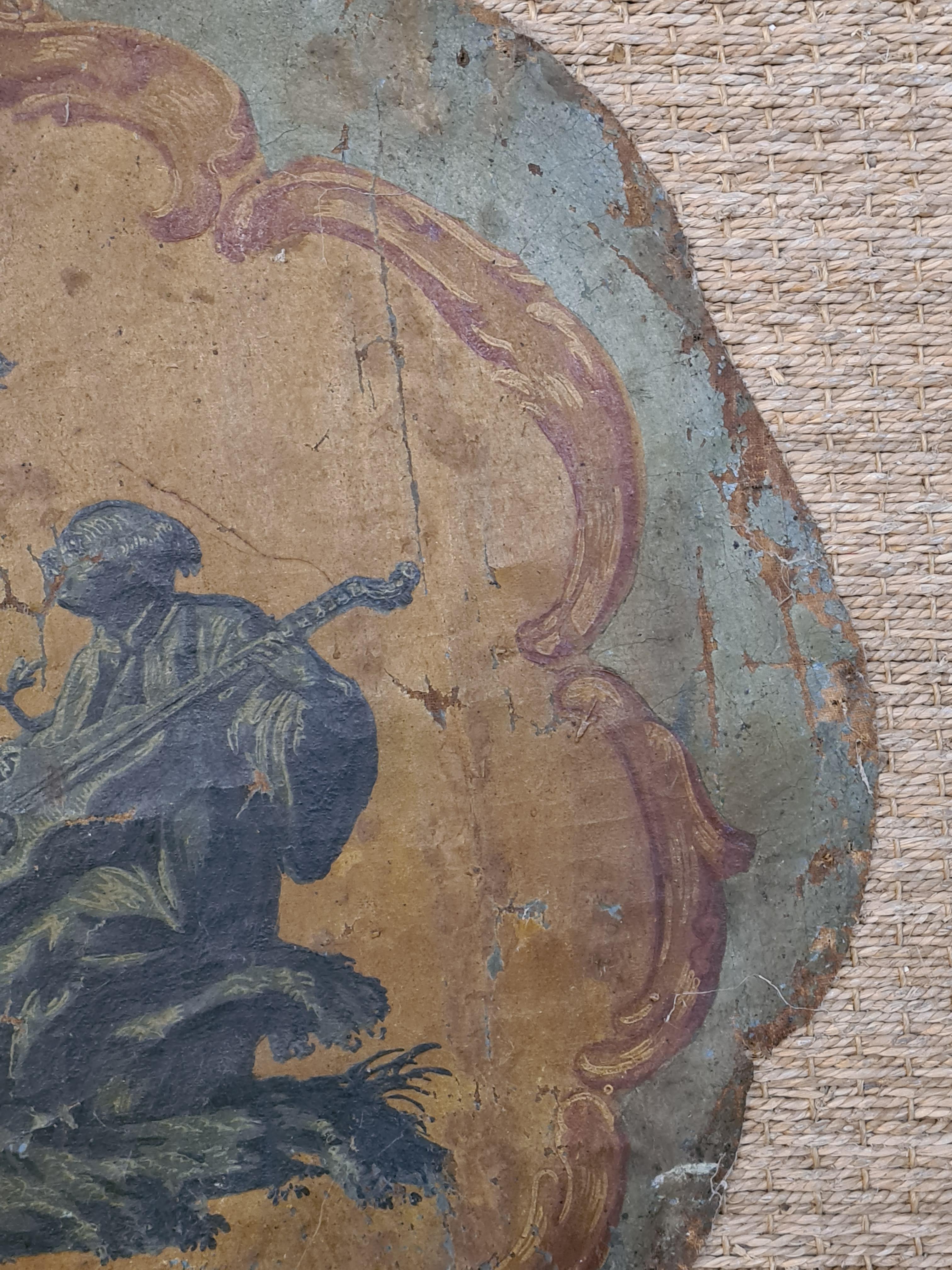 Scena di cineseria dipinta 'en Camaïeu Bleu', olio su tela del XVIII secolo. In origine faceva parte di uno schema decorativo di una sala da pranzo come porta d'ingresso incastonata nella boiserie. 

Provenienza: Da un castello nel sud della