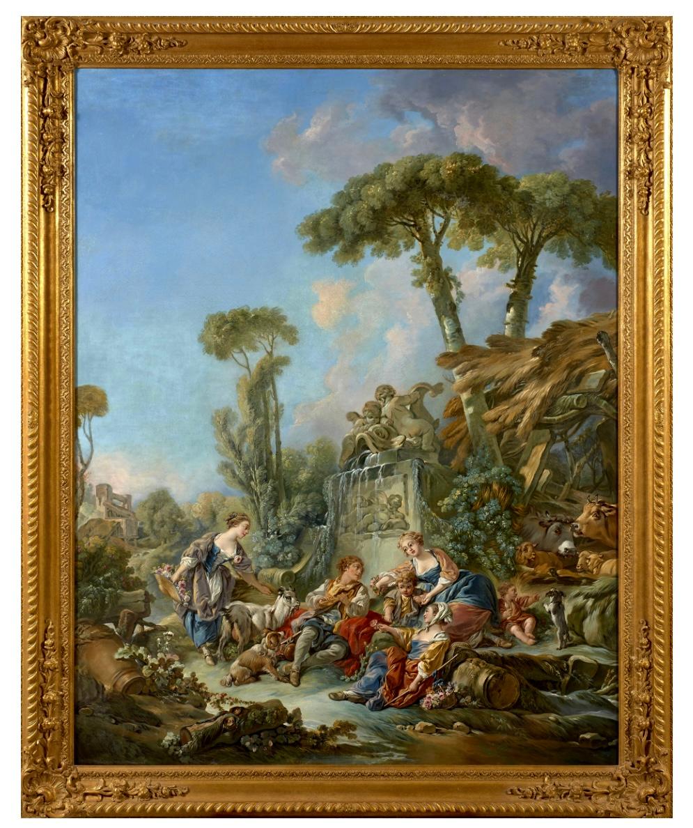 Berger au pied d’une fontaine dans un paysage - Painting by François Boucher