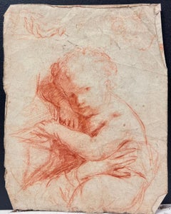 Fino dibujo a la tiza roja del French Old Master rococo del siglo XVIII Retrato de niño