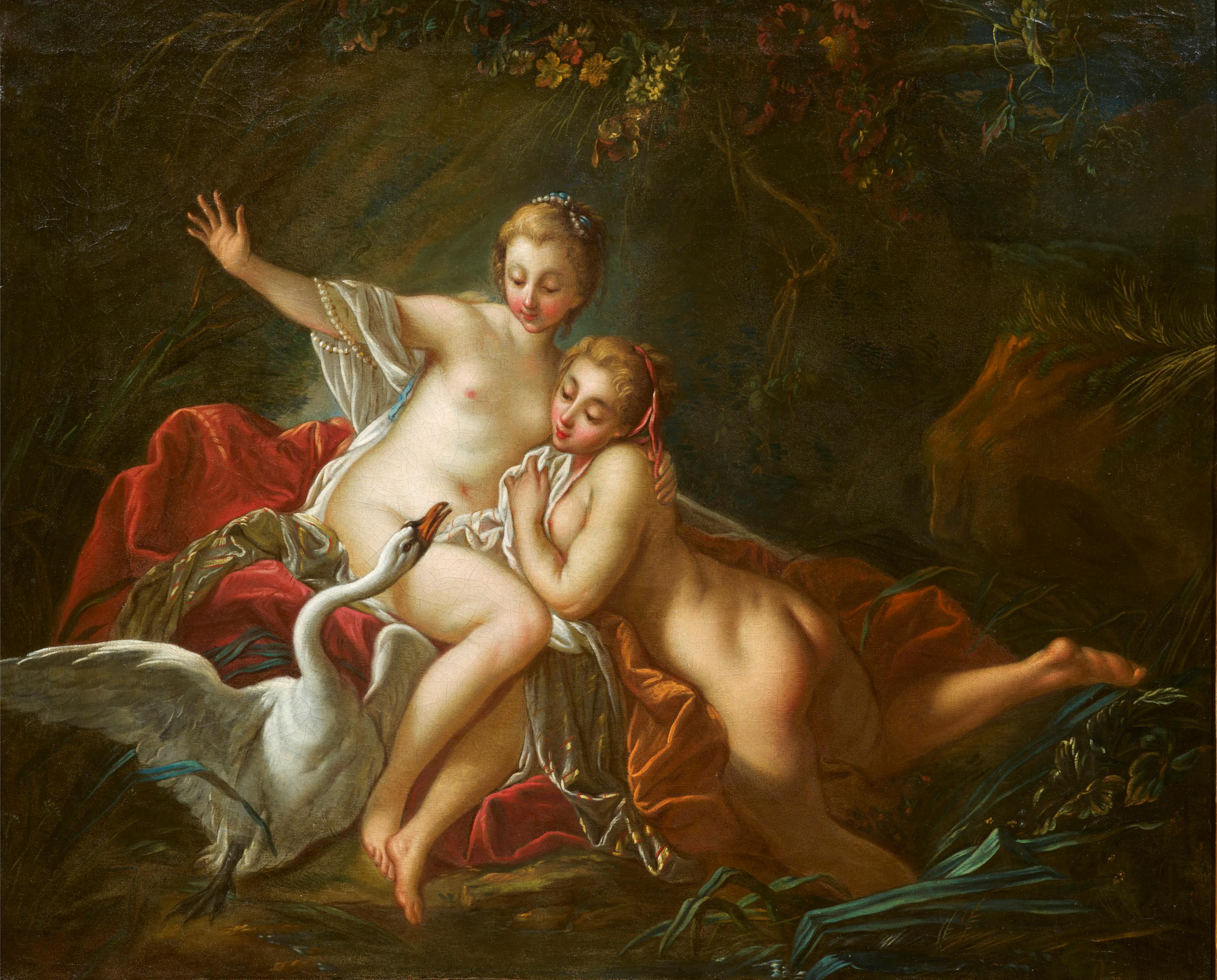 François Boucher Nude Painting - Leda and the Swan by the workshop of Francois Boucher (Paris 1703 - 1770) 