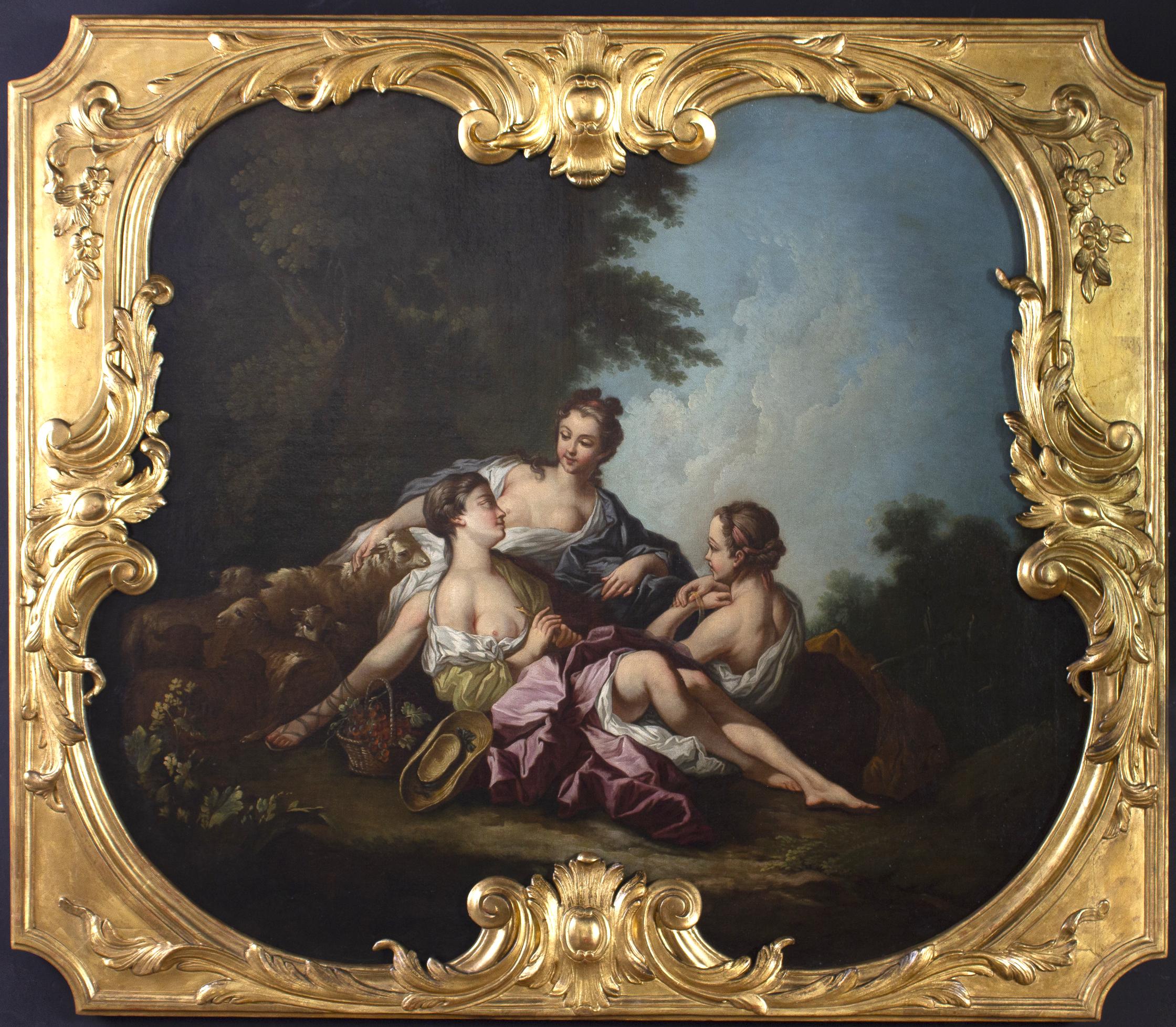  Amazing works of the genre scene,  dates to the late 18th century. After the famous  French artist Francois Boucher, who was the court painter to King Louis XV.
It is in its original finely carved and gilded wood frame and painted in oil on canvas.