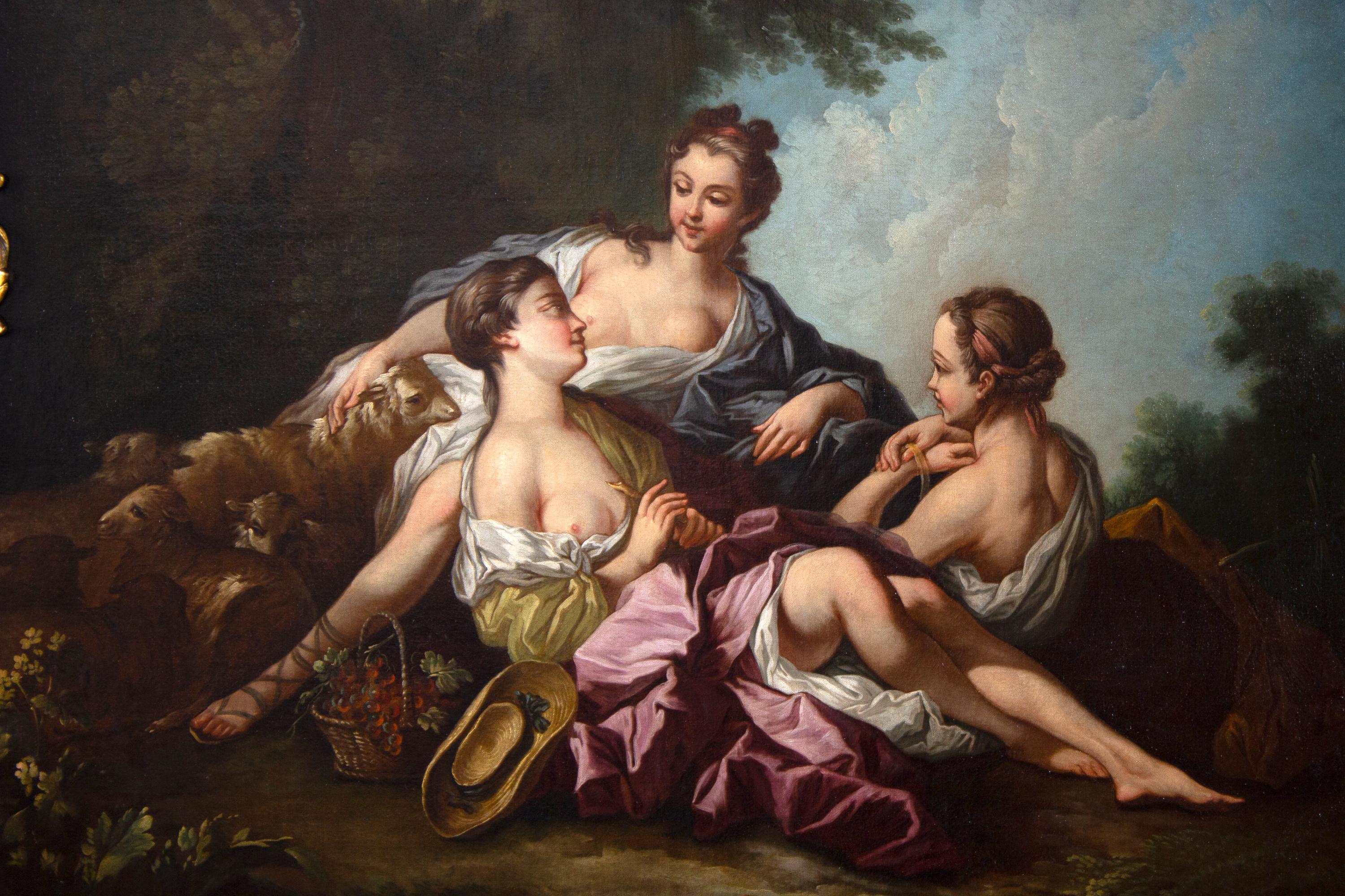  Amazing works of the genre scene,  dates to the late 18th century. After the famous  French artist Francois Boucher, who was the court painter to King Louis XV.
It is in its original finely carved and gilded wood frame and painted in oil on canvas.