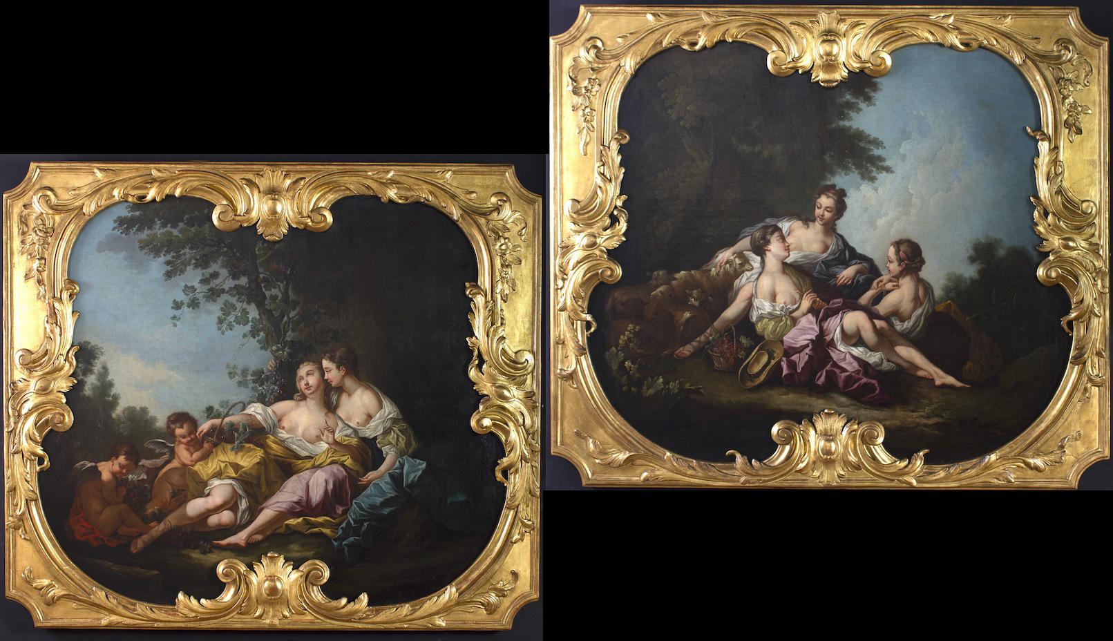 Paire de grandes peintures à l'huile françaises du 18e siècle d'après François Boucher