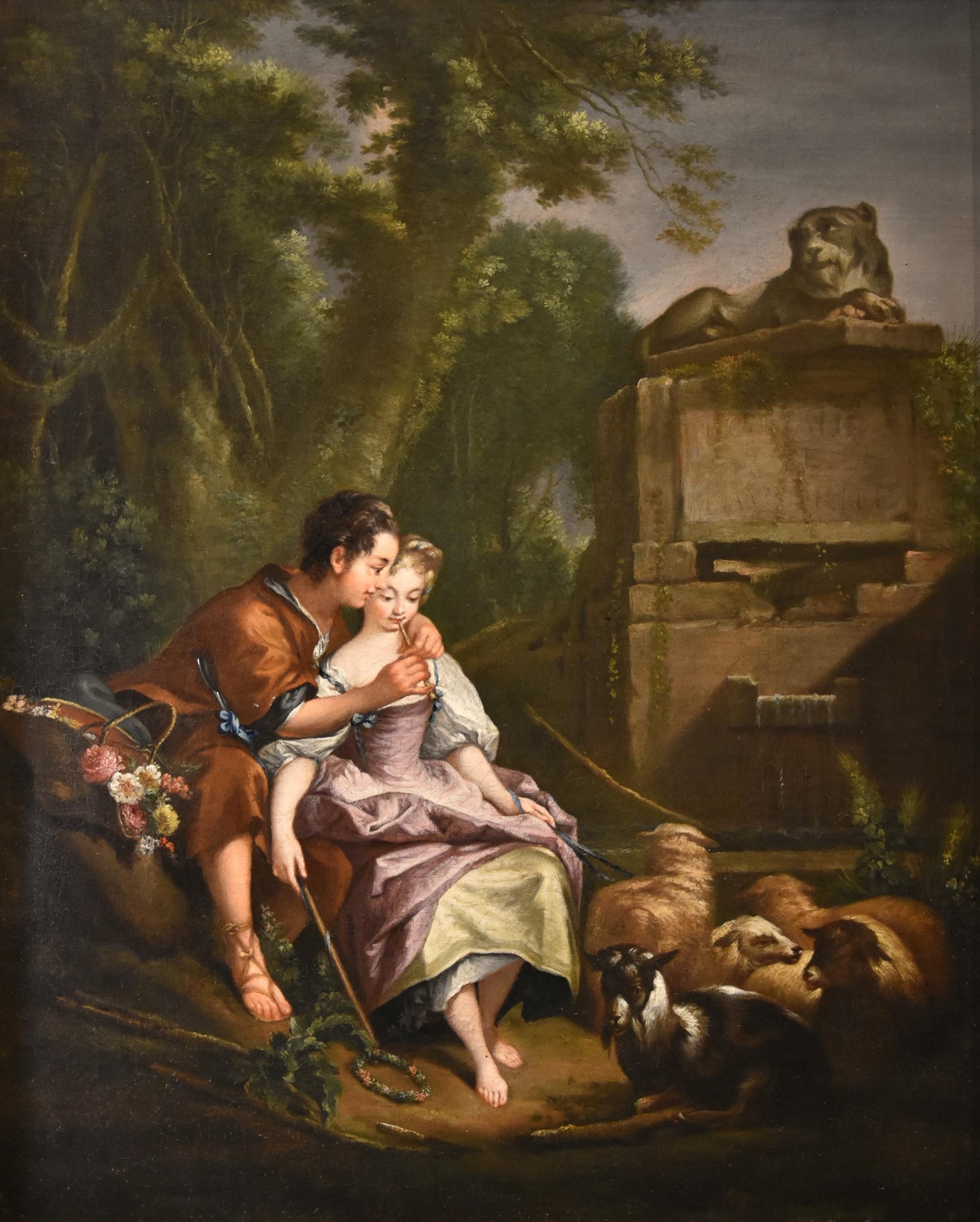 Pareja Paisaje Hombre Mujer Boucher Pintura Siglo XVIII Óleo sobre lienzo Viejo maestro en venta 2