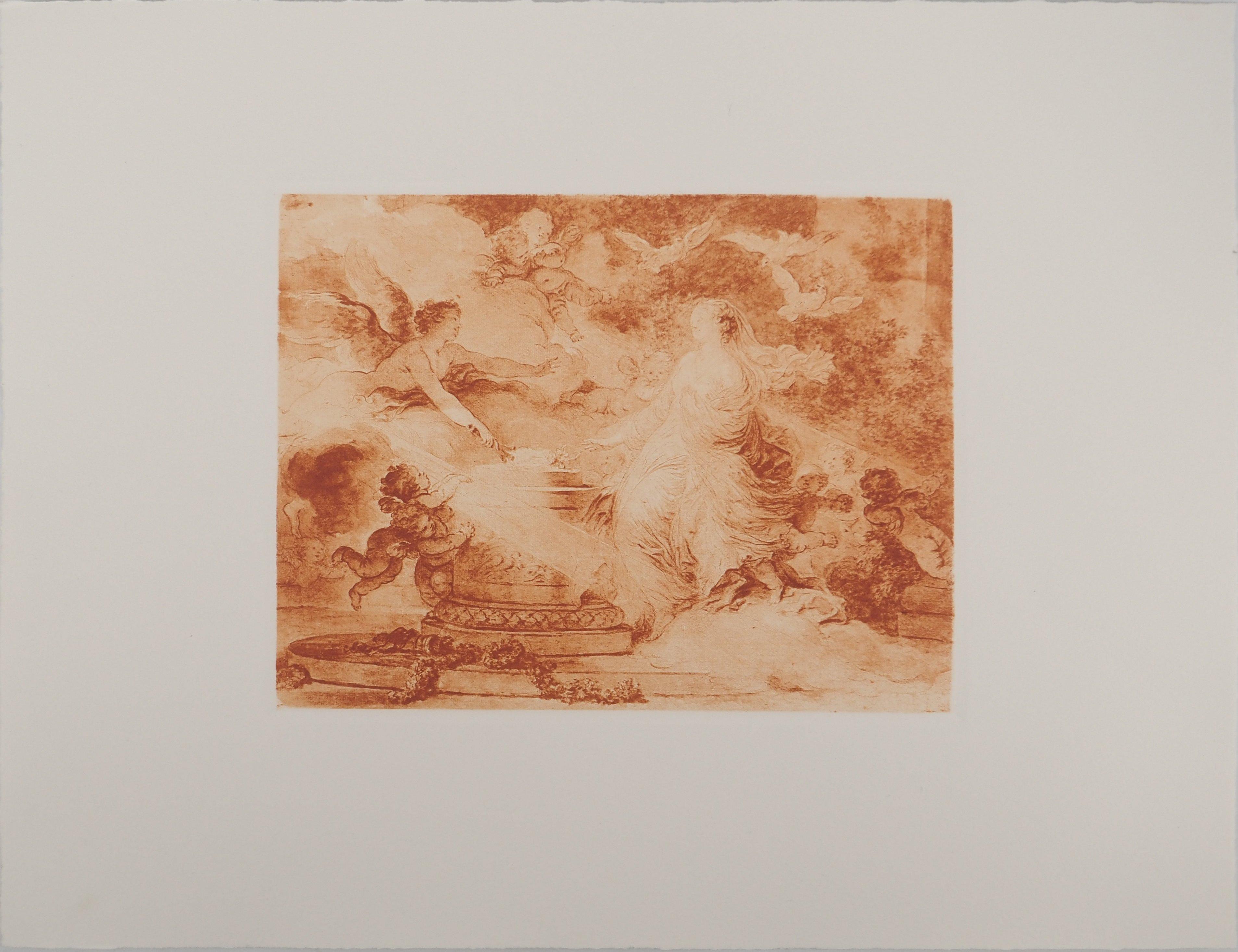 Allegory of Love : Woman surrounded by Angels and Doves  - Etching - Print by François Boucher