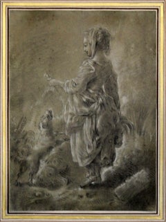 Francois Boucher Donna con cane Disegno originale