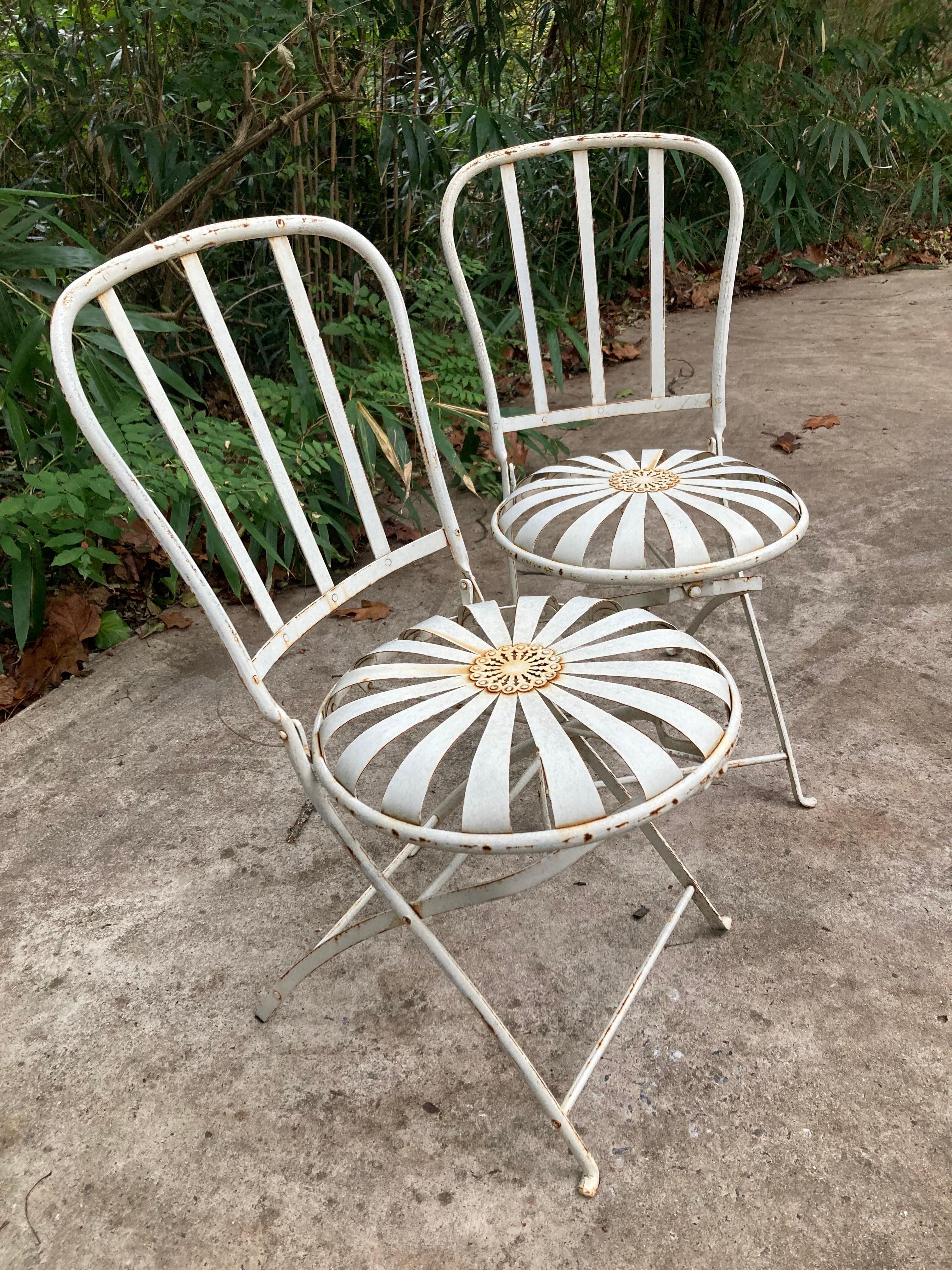 Steel francois carre antique folding cafe chairs - a pair For Sale