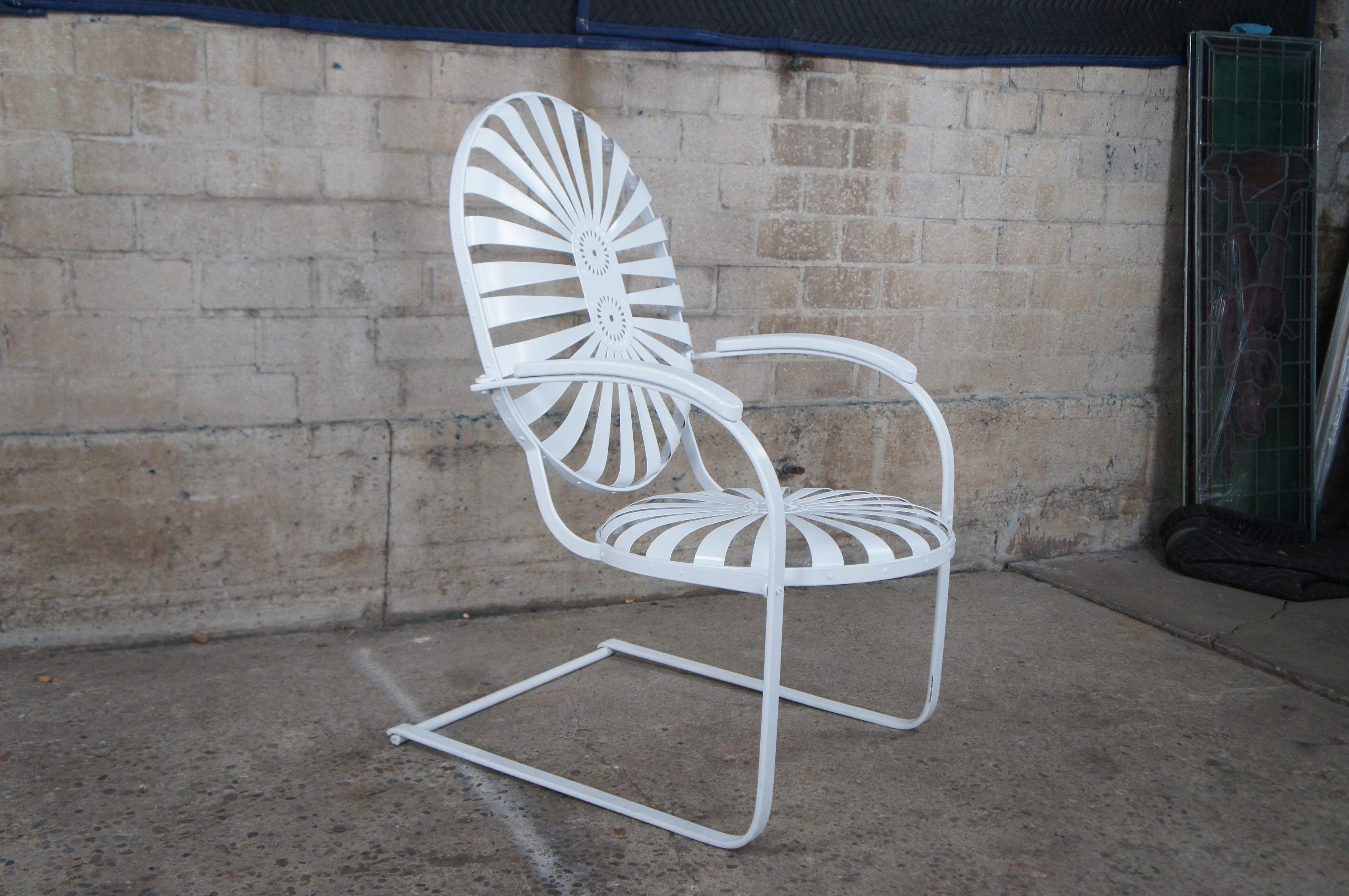 Metal Francois Carré Art Deco White Sunburst Cantilever Patio Arm Chair & Ottoman MCM For Sale