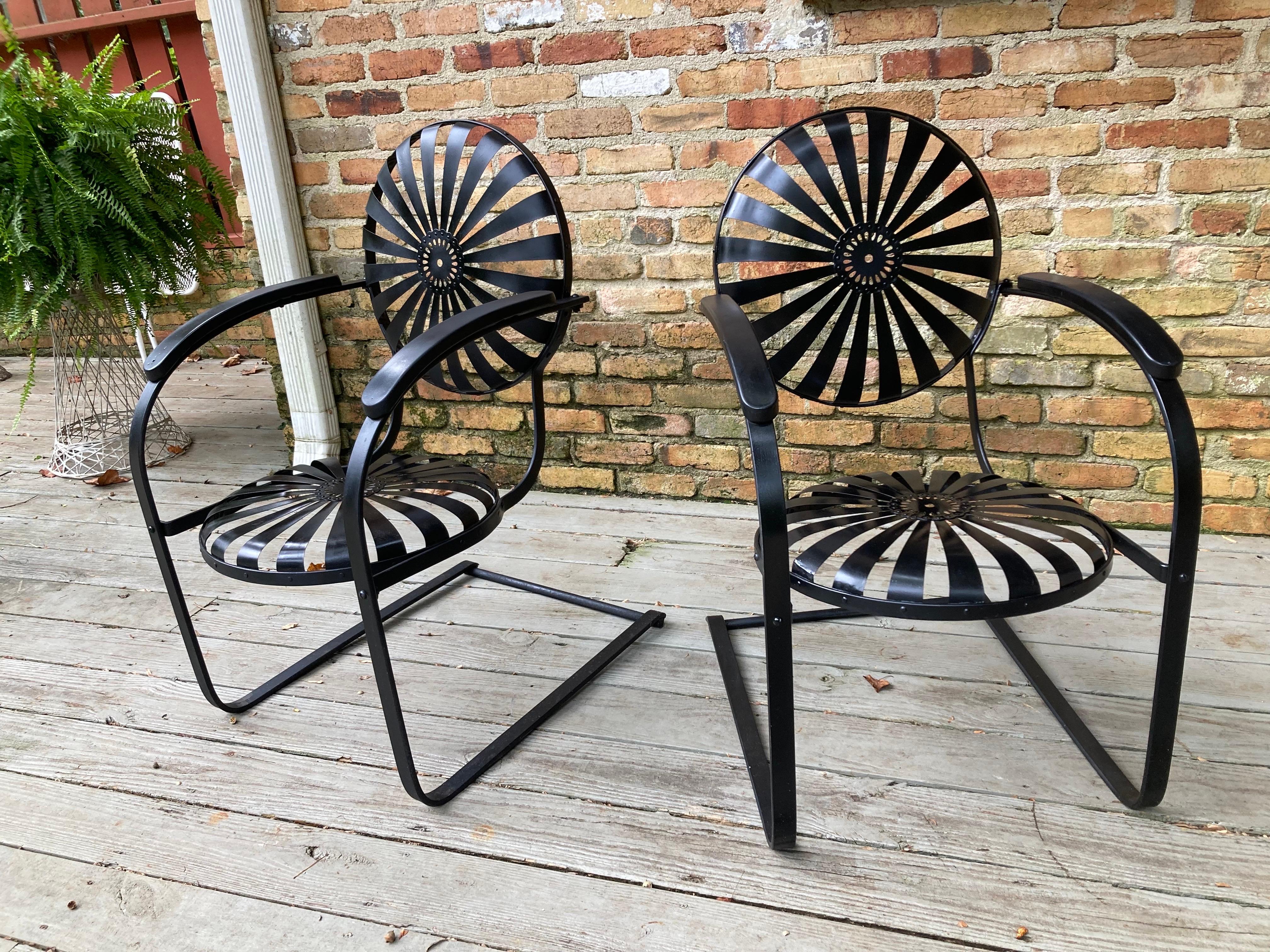 francois carre strap iron cantilever garden chairs
Shipping from athens, ga
30606


antique sunburst garden chairs with a rocking cantilever base...

measuring 36 tall, 26 deep and 22 wide

17 seat to floor
no maker's mark