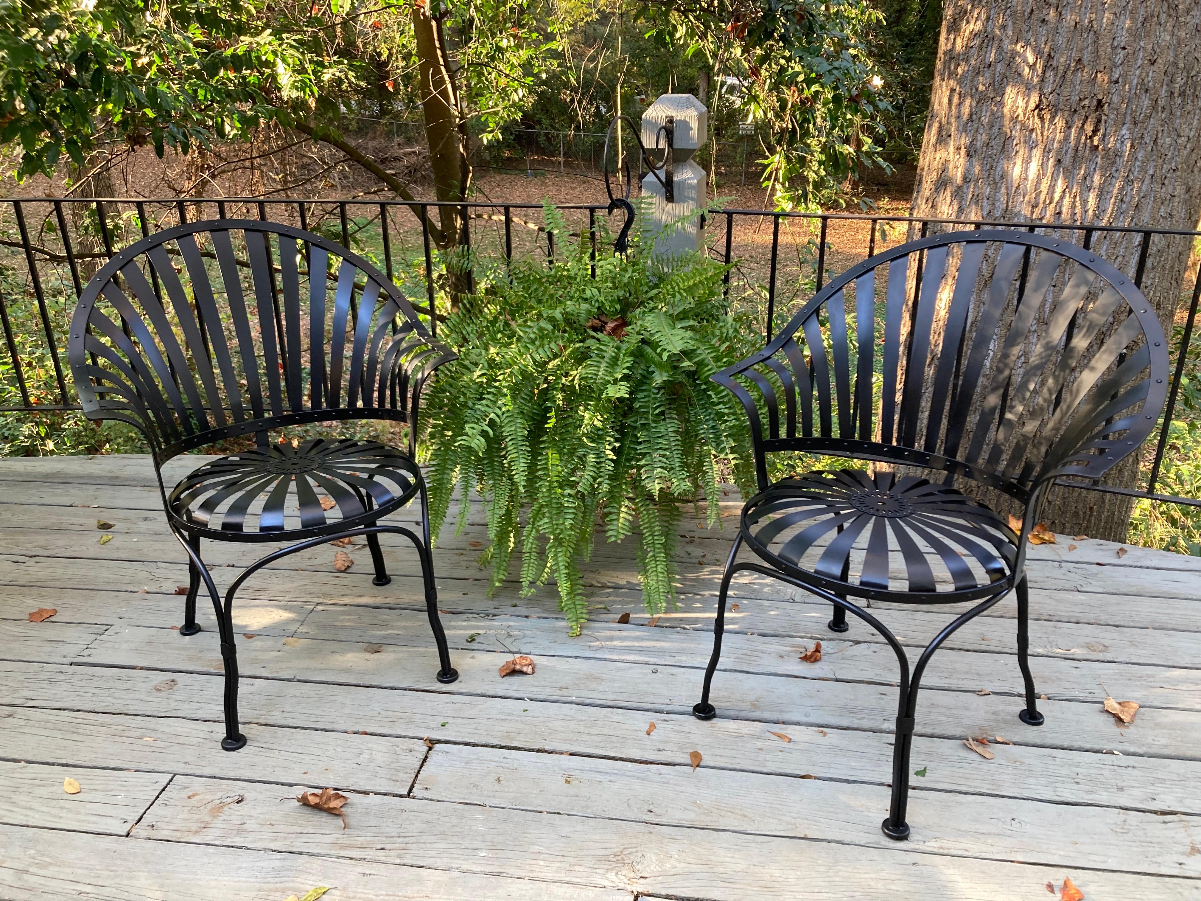 Mid-Century Modern francois carre fan-back iron garden chairs - a pair For Sale