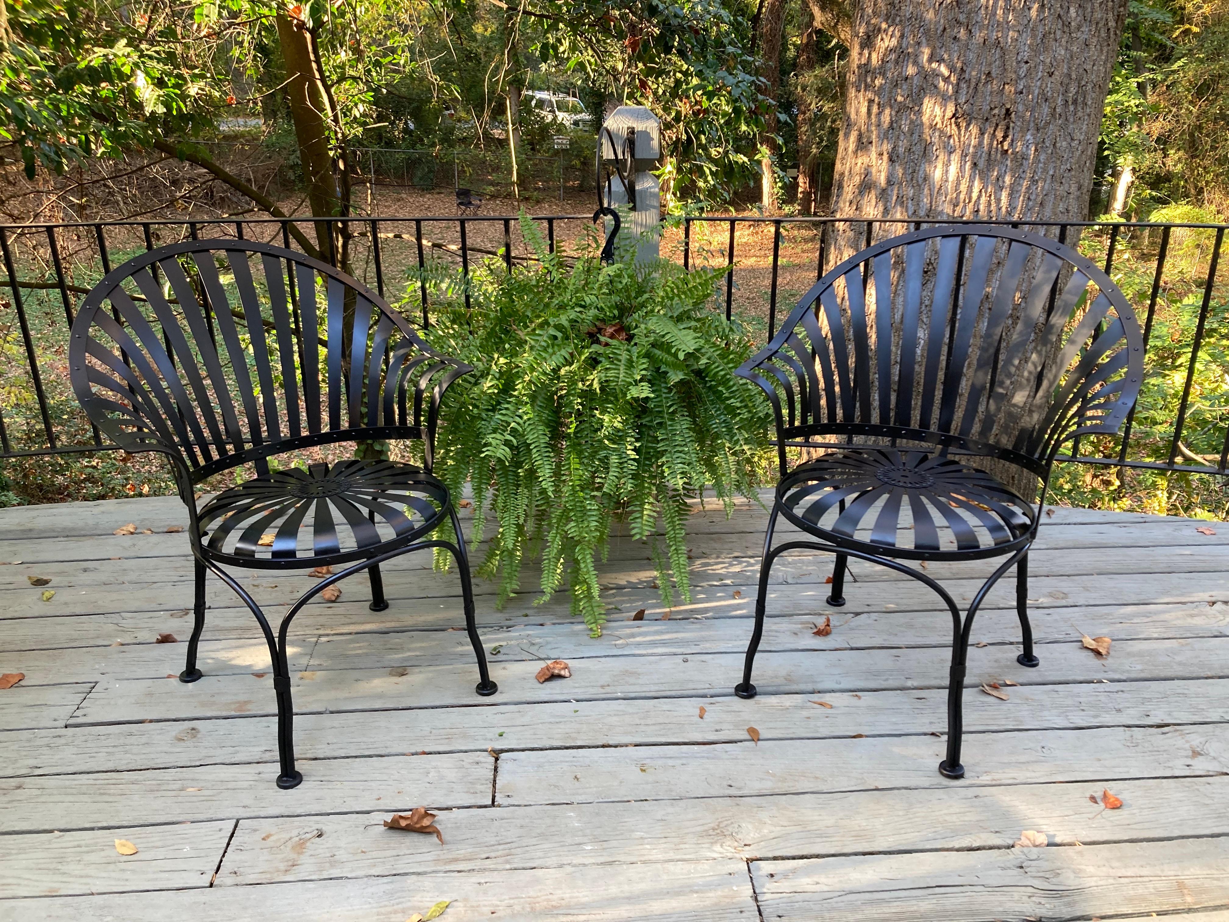 Steel francois carre fan-back iron garden chairs - a pair For Sale
