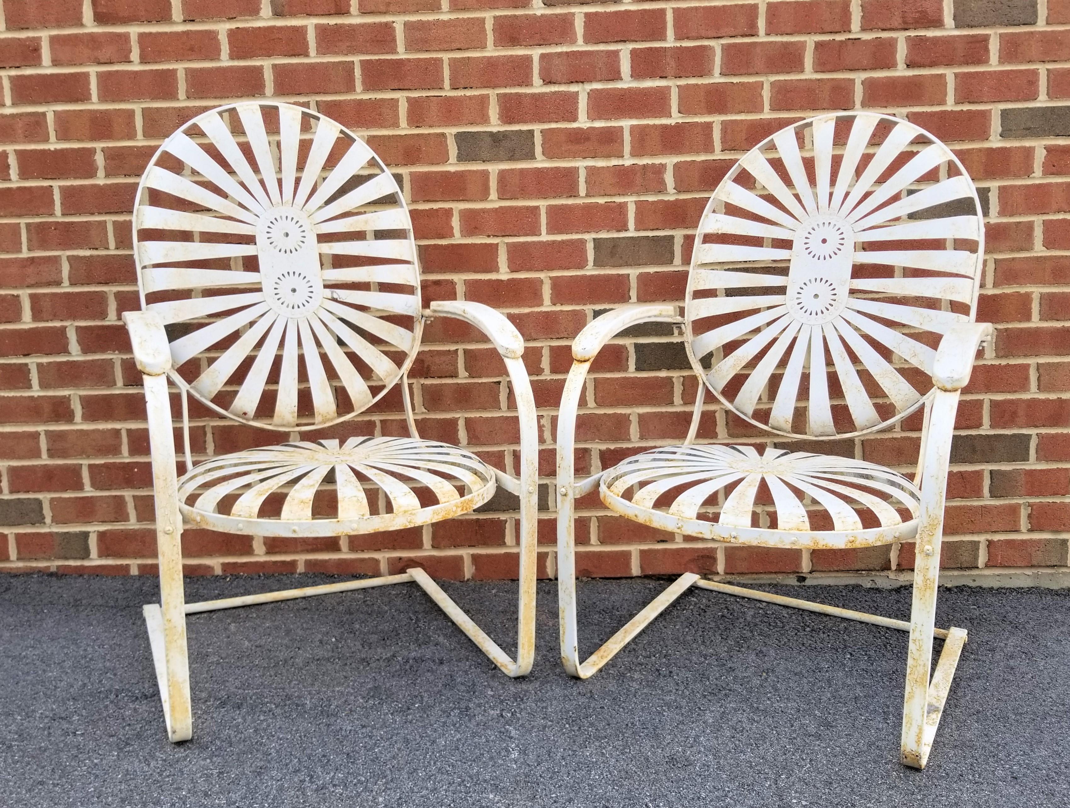 Pair of 1930s French Art Deco Garden Chairs by Francois Carre. This pair is the large version. All parts are intact. Unrestored condition with wear consistent with age. 
