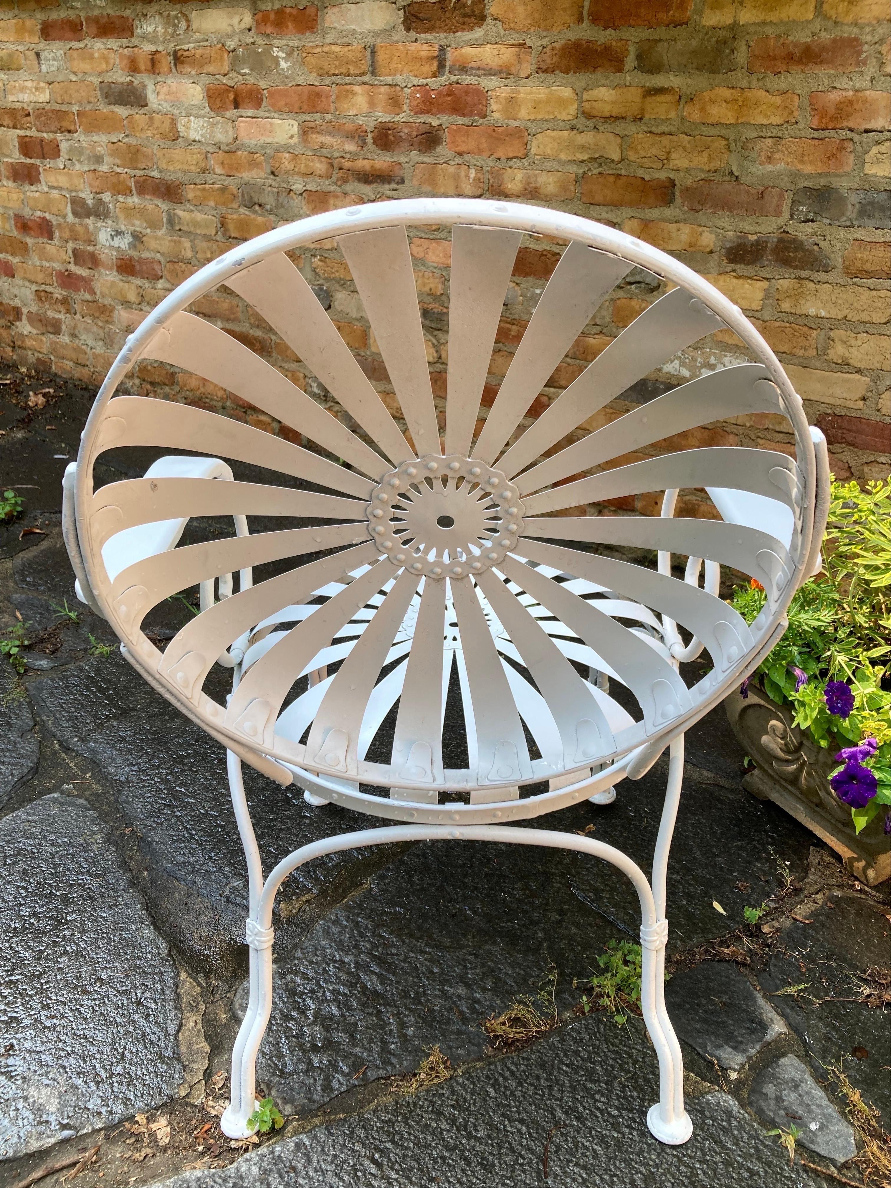spring steel chair, pinwheel design

no maker’s mark

multiple sets available

seat to floor is 17
22.25”W × 24ʺD 

perfect addition to any home or garden area,,,,
classic elegance in every setting