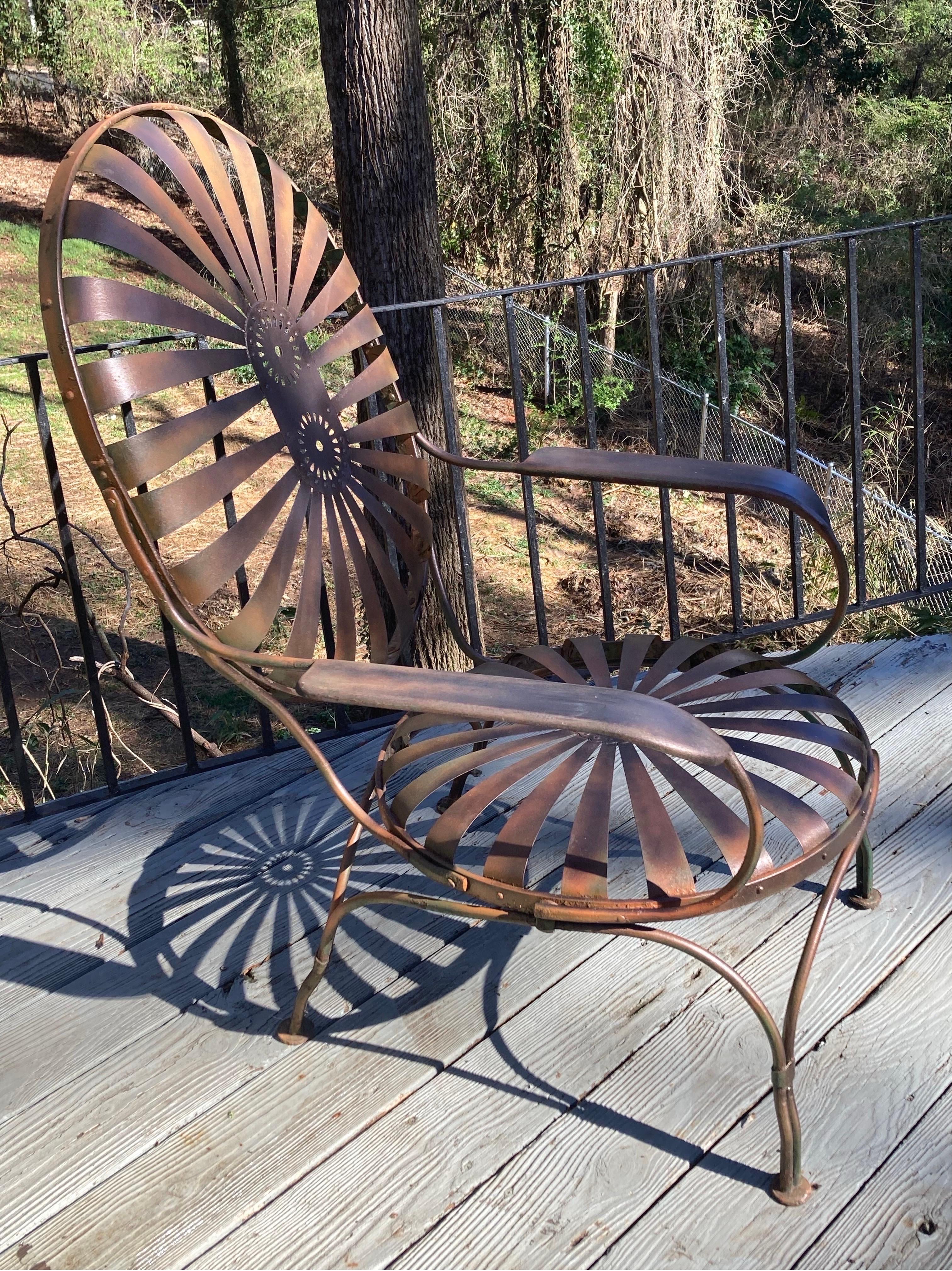 spring steel chair, pinwheel design

no maker’s mark

multiple sets available

seat to floor is 17
22.25”W × 24ʺD 

perfect addition to any home or garden area,,,,
classic elegance in every setting