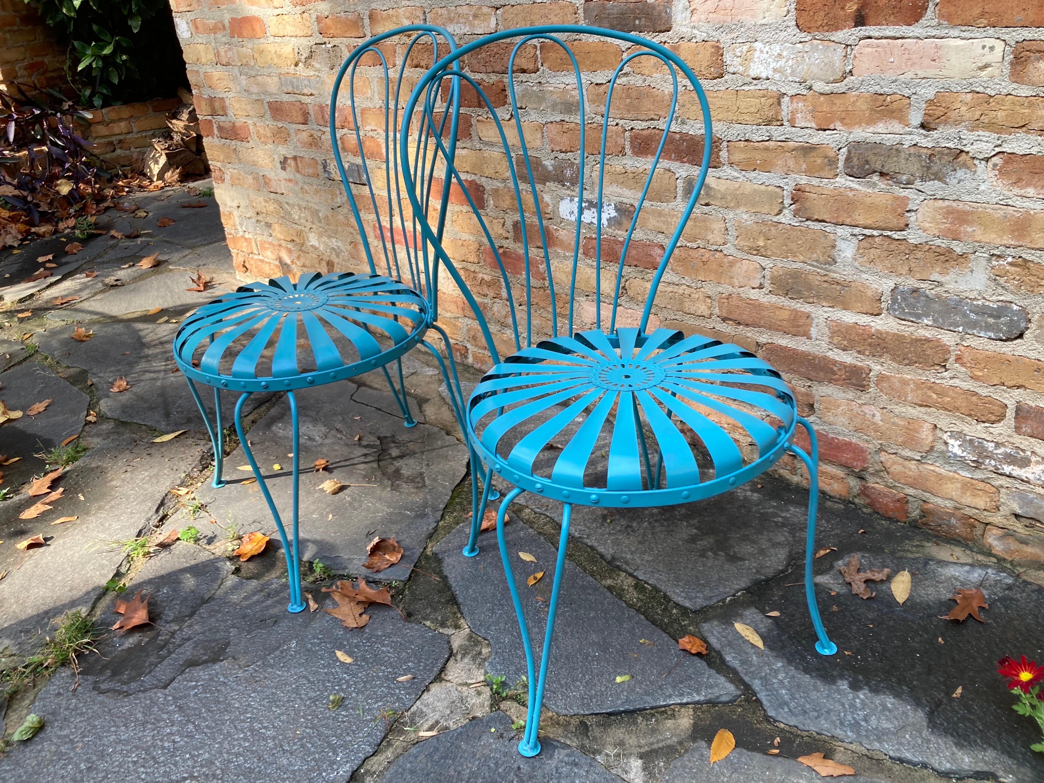 French francois carre iron dining chairs in vintage teal For Sale