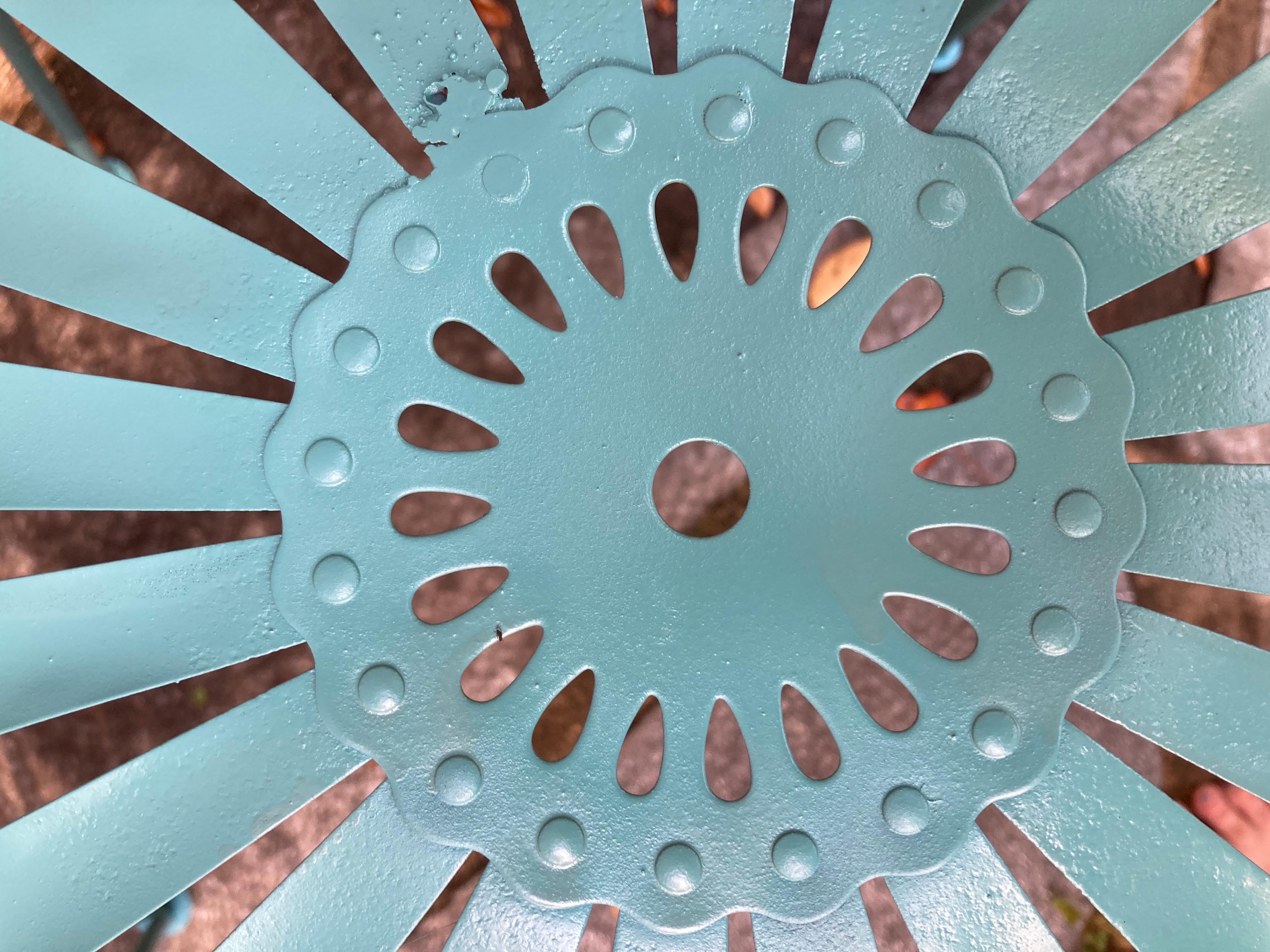 20th Century francois carre iron dining chairs in vintage teal For Sale