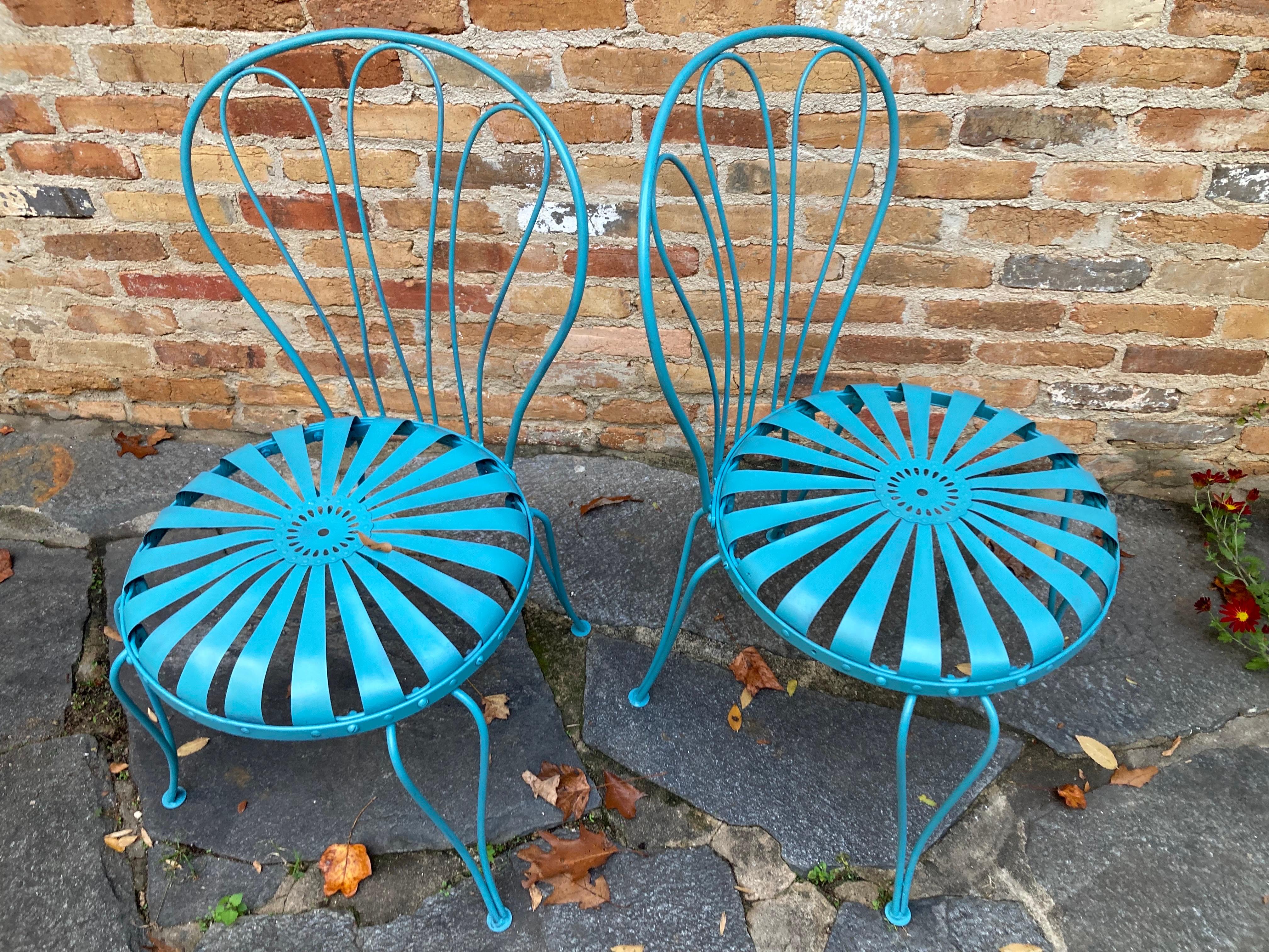 Steel francois carre iron dining chairs in vintage teal For Sale