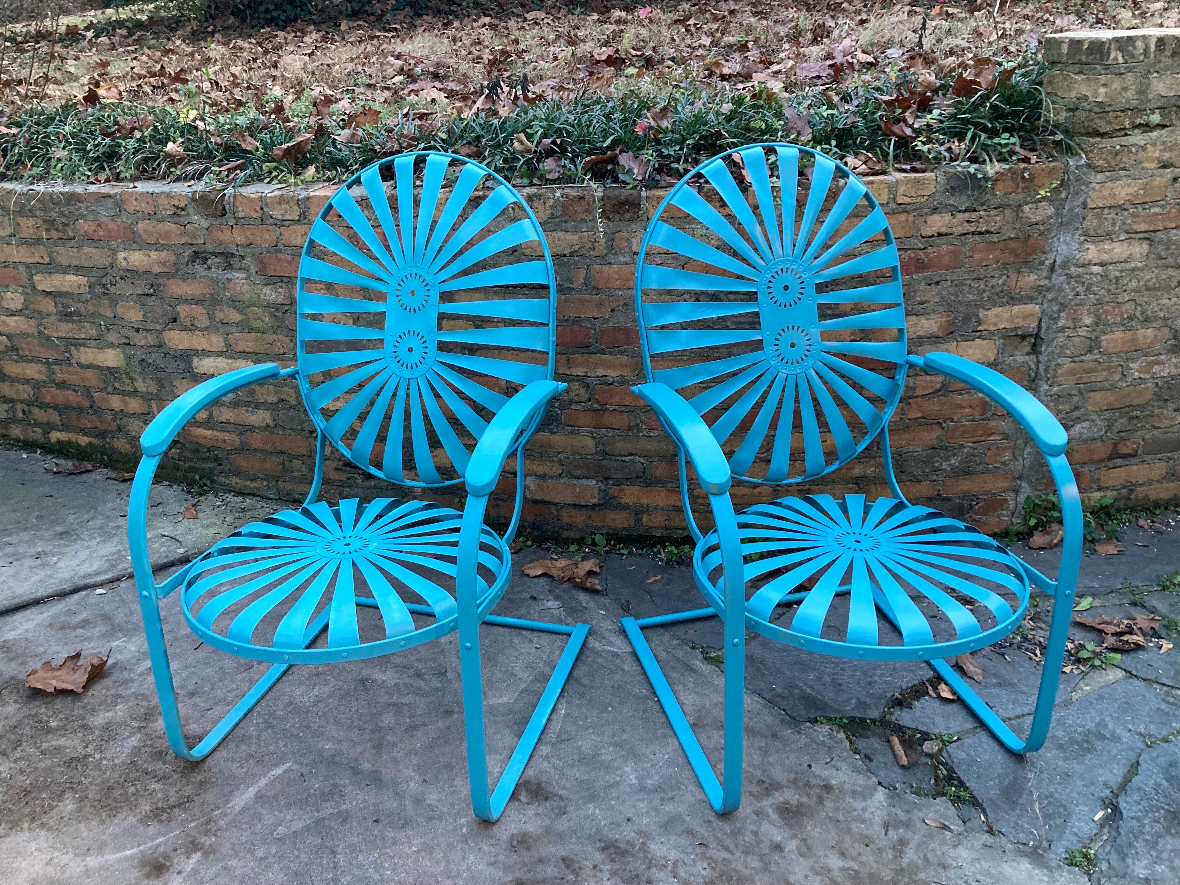 Francois Carre Cantilever Garden Chairs
a glorious pair in vintage teal blue
circa 1930
measuring 25 wide, 26 deep and 41.5 tall

shipping from athens, ga