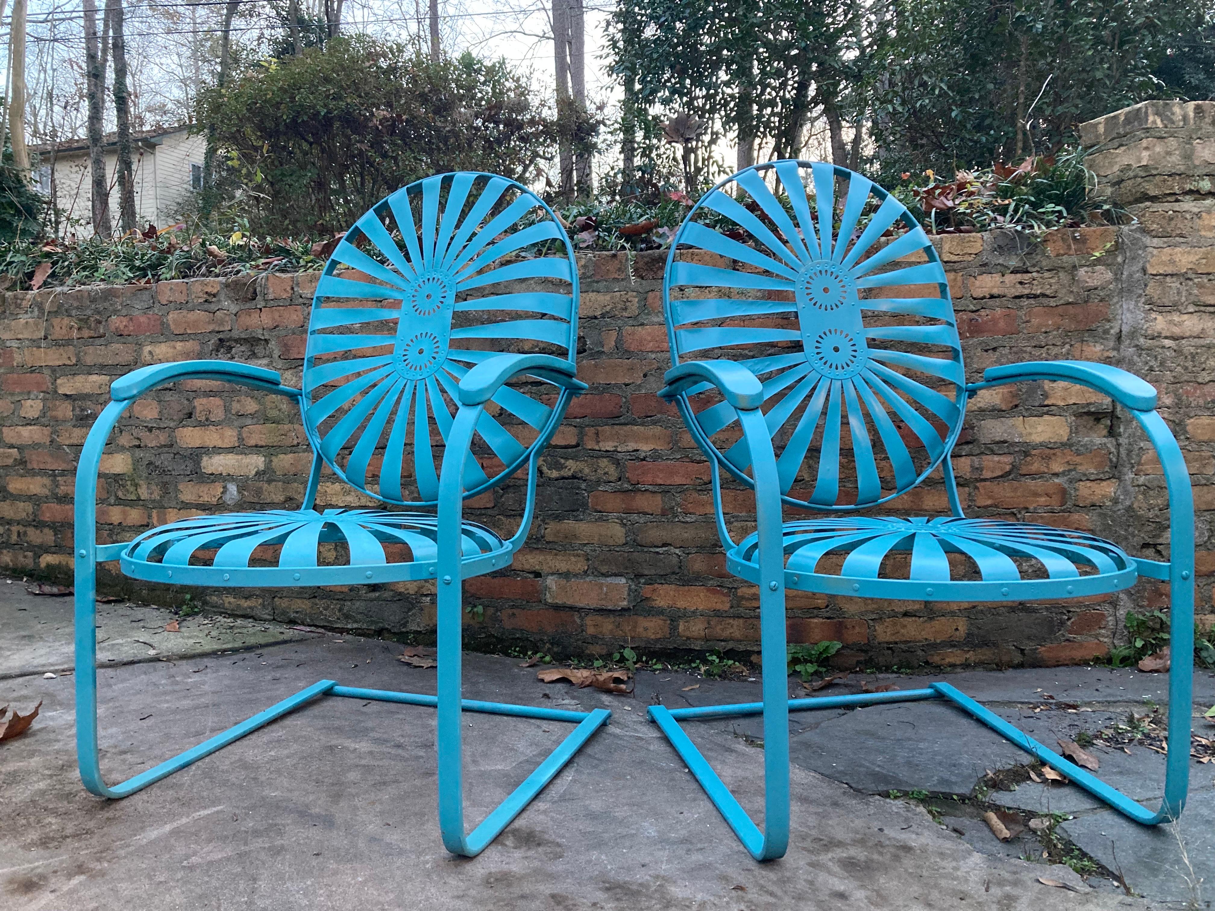 French Francois Carre Large Garden Cantilever Teal Rocking Chairs.   For Sale