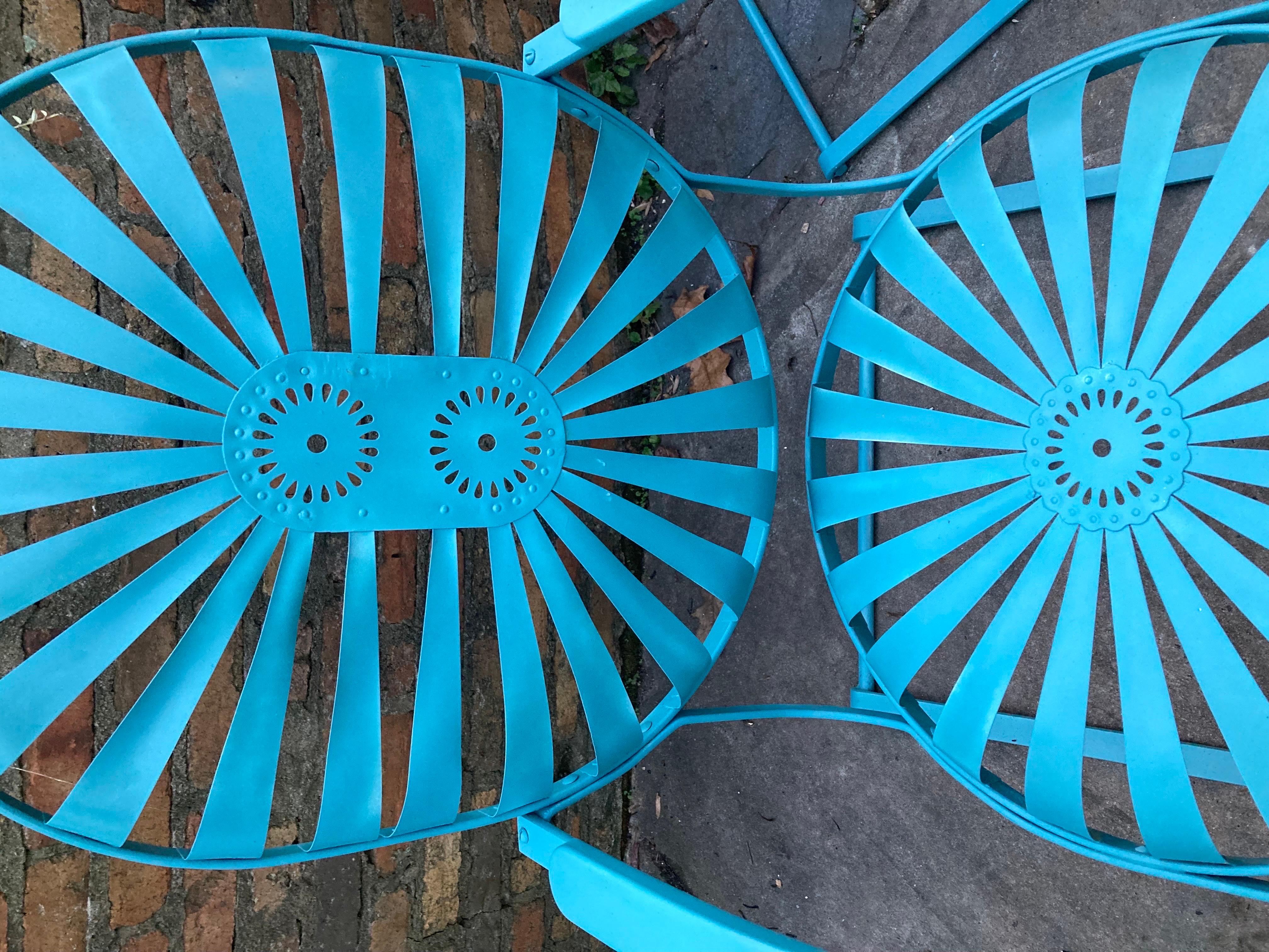 Francois Carre Large Garden Cantilever Teal Rocking Chairs.   In Good Condition For Sale In Athens, GA