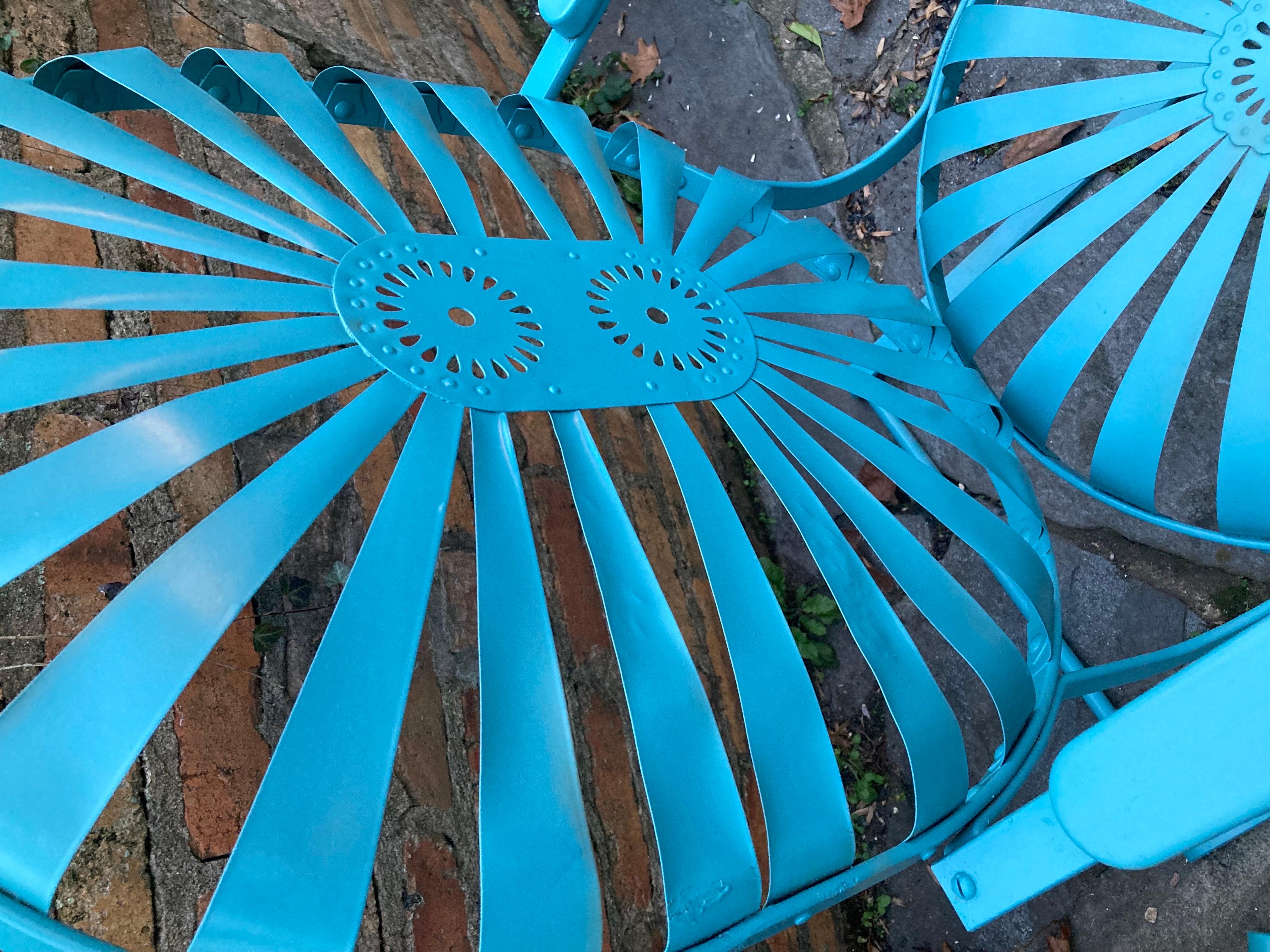 Early 20th Century Francois Carre Large Garden Cantilever Teal Rocking Chairs.   For Sale