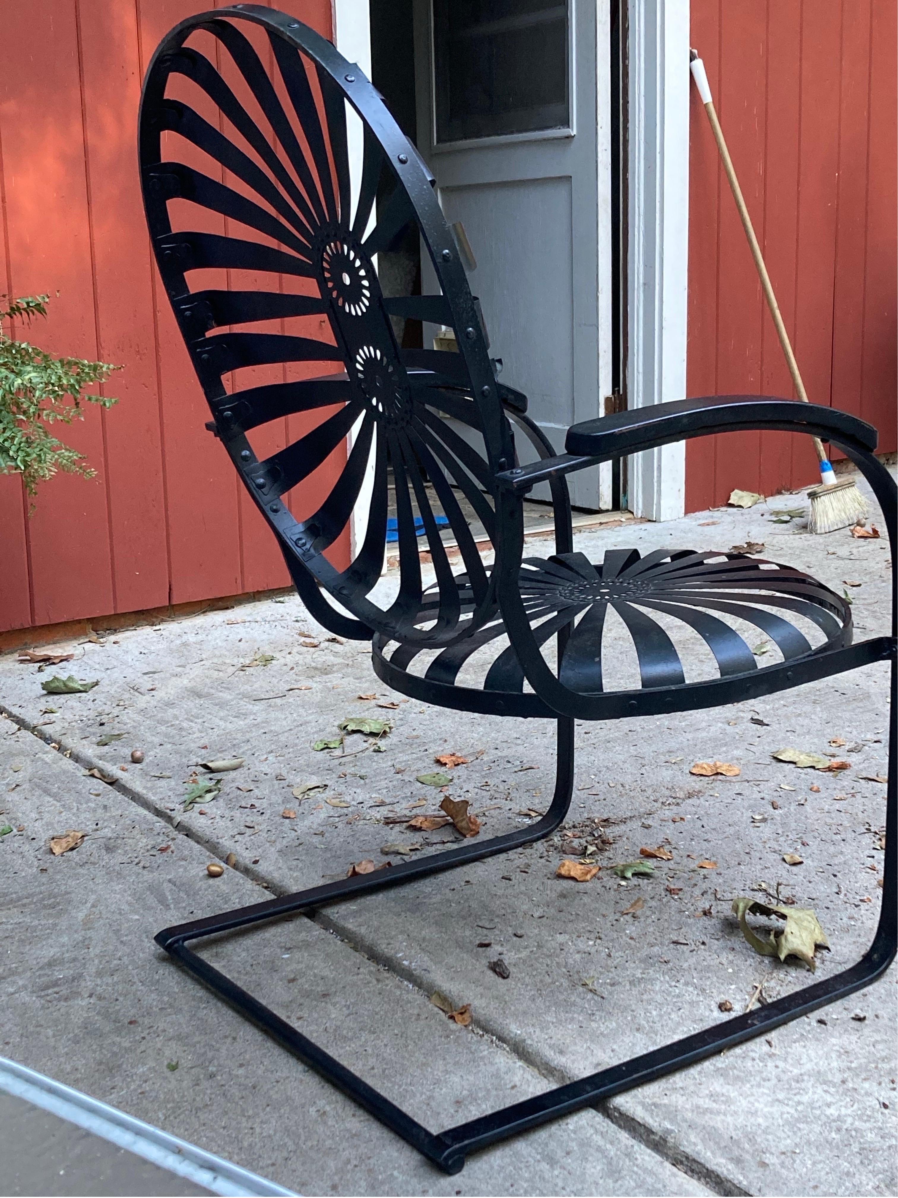 larger cantilever rocking chair for porch and patio, can handle the heat and the humidity, very comfortable deep seated and sturdy, made with antique iron and spring steel, circa 1940 in satin black. shipping from athens, ga
2 available. 
no maker’s