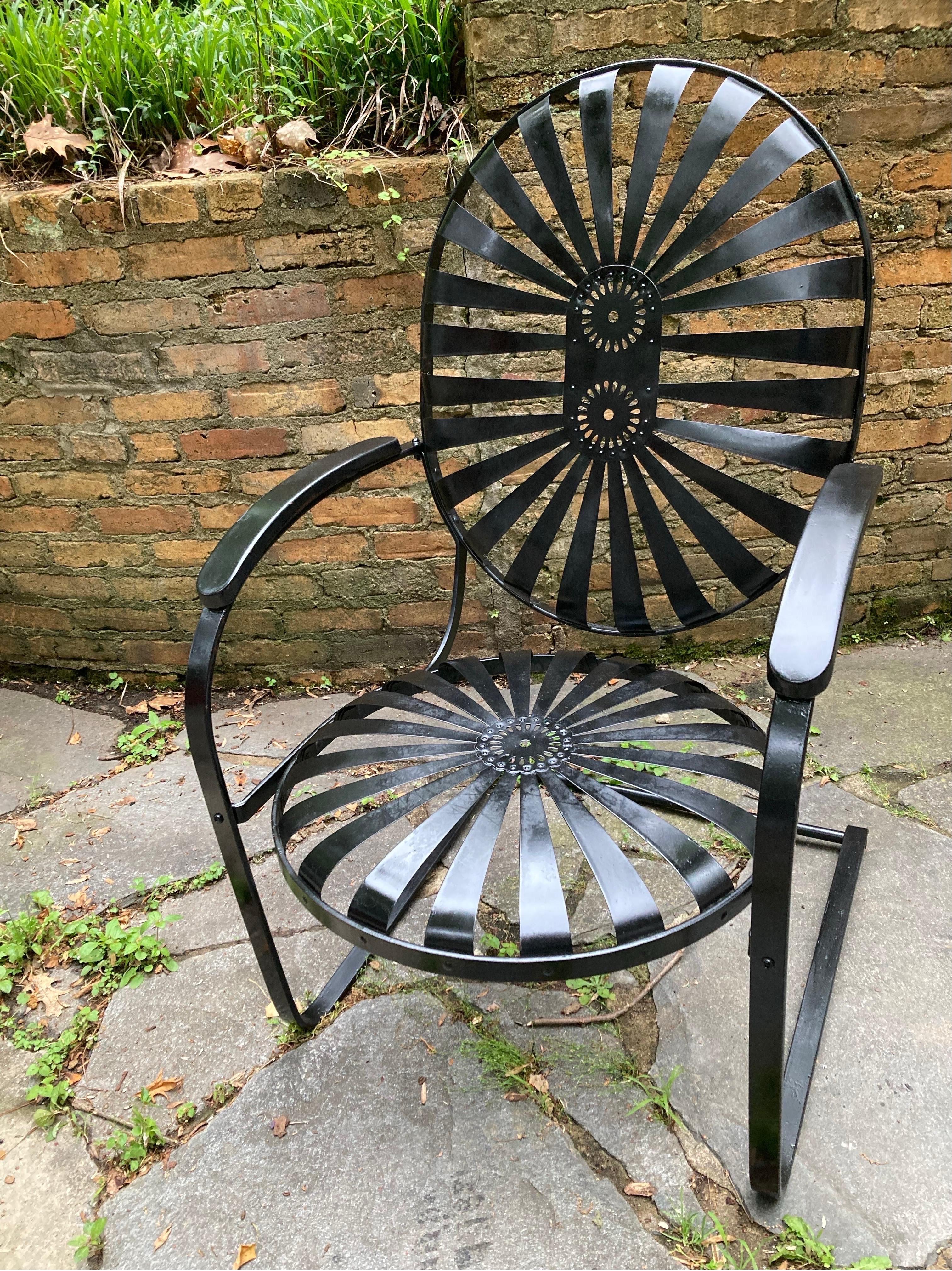 larger cantilever rocking chairs for porch and patio, can handle the heat and the humidity, very comfortable deep seated and sturdy, made with antique iron and spring steel, circa 1940 in satin black. shipping from athens, ga
this is a set.
no