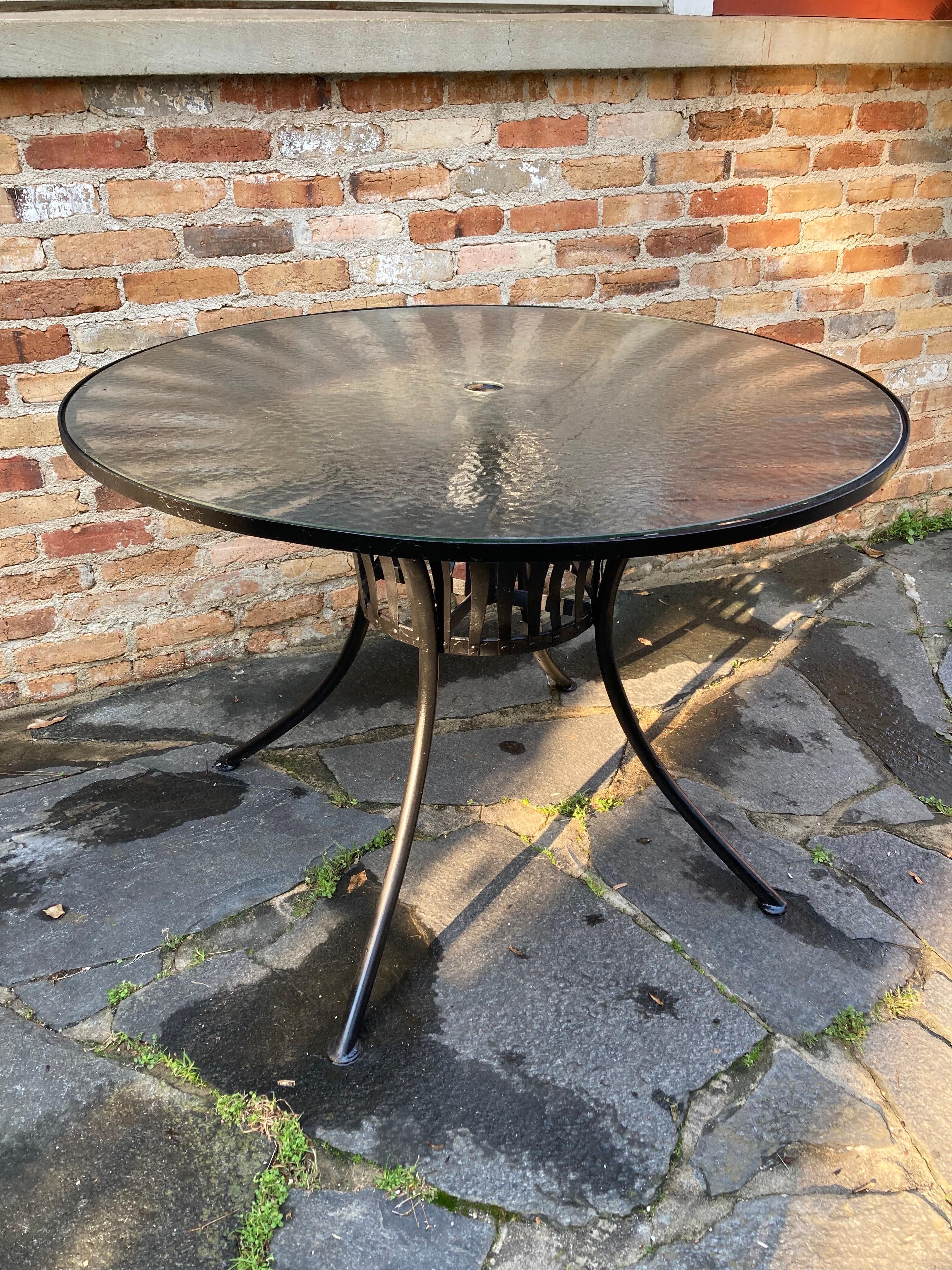 French francois carre patio dining table with original glass For Sale
