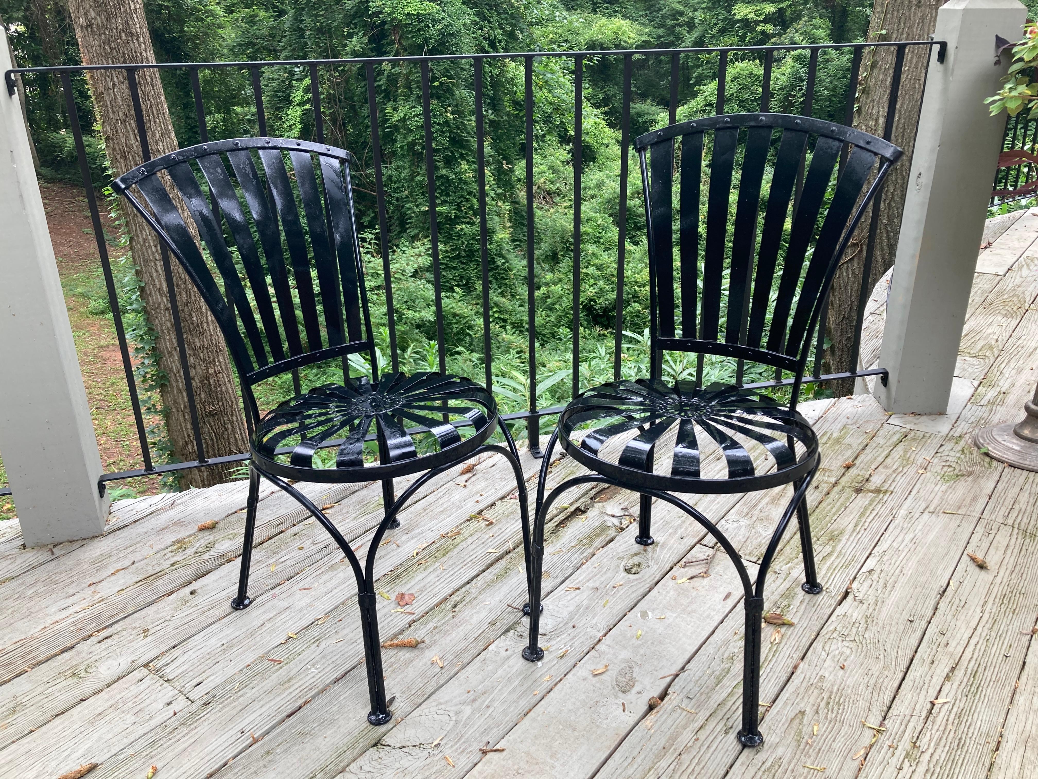 cool old hollywood glamorous duo, dating back to 1930. works for the patio or inside. super comfortable, spring sunburst seating
no maker’s mark
recently sandblasted, professionally primed and painted

16 wide 17 deep and 31.5 tall
16.5 seat to