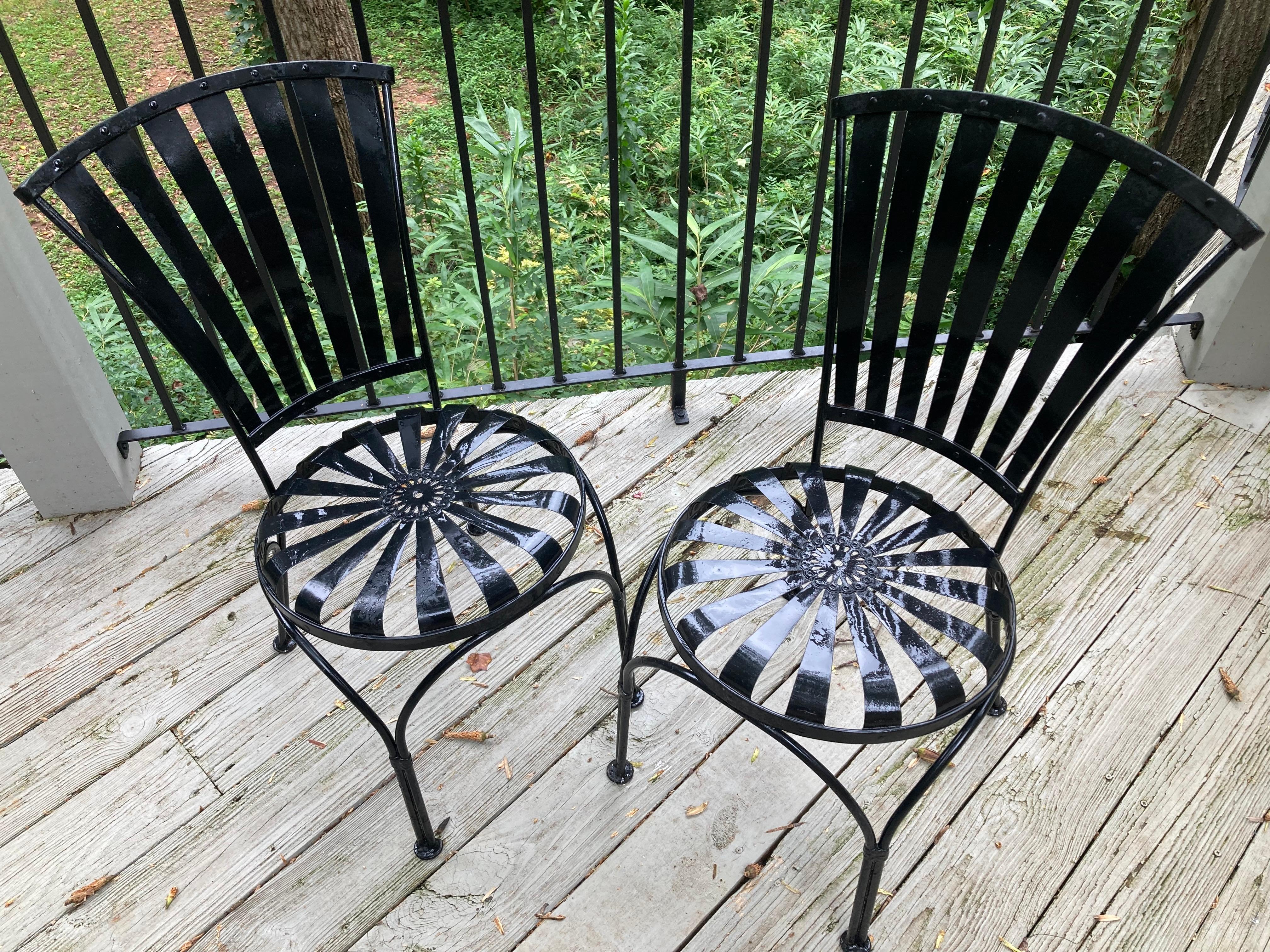 Mid-Century Modern francois carre petite fan-back iron garden chairs - a pair For Sale