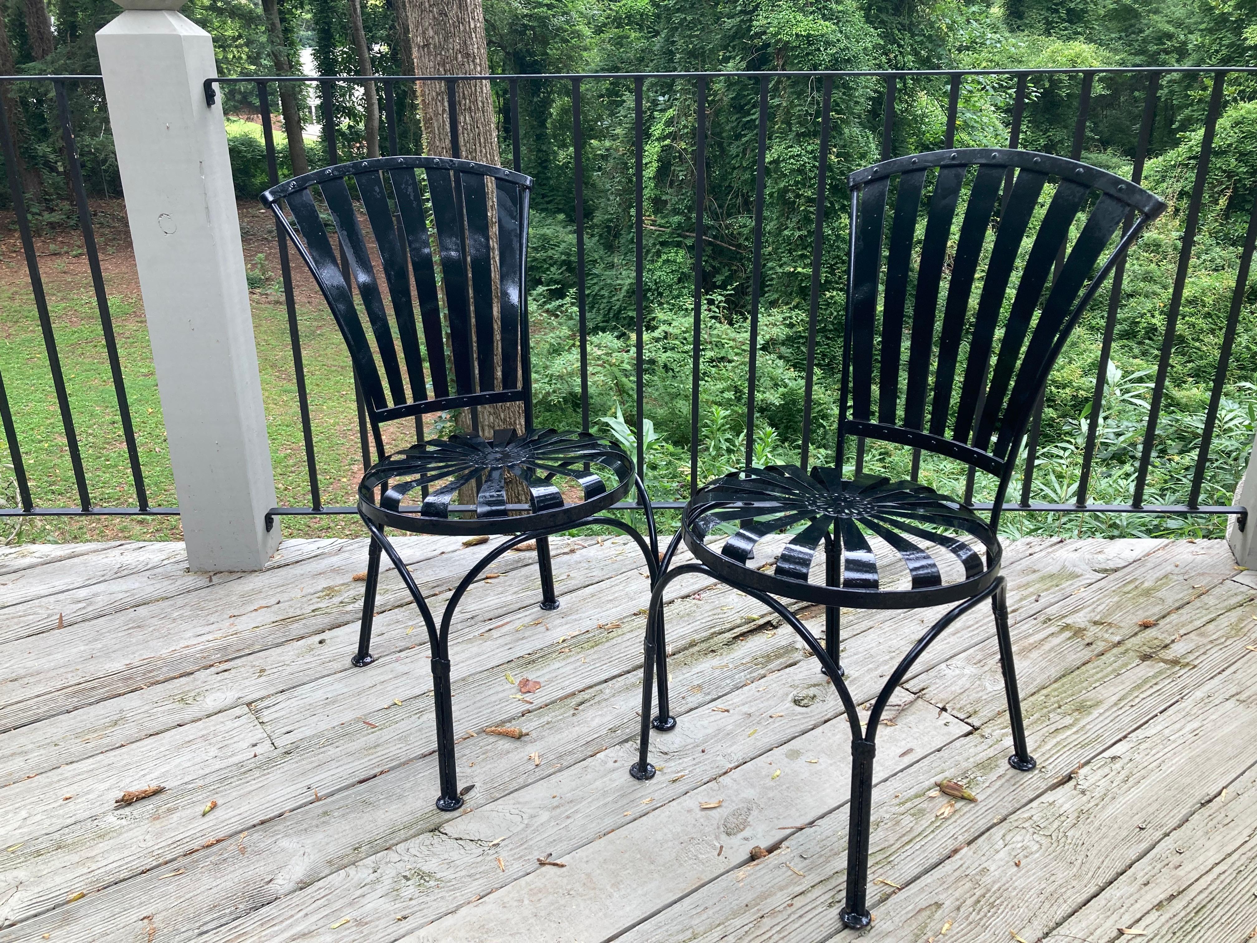 French francois carre petite fan-back iron garden chairs - a pair For Sale