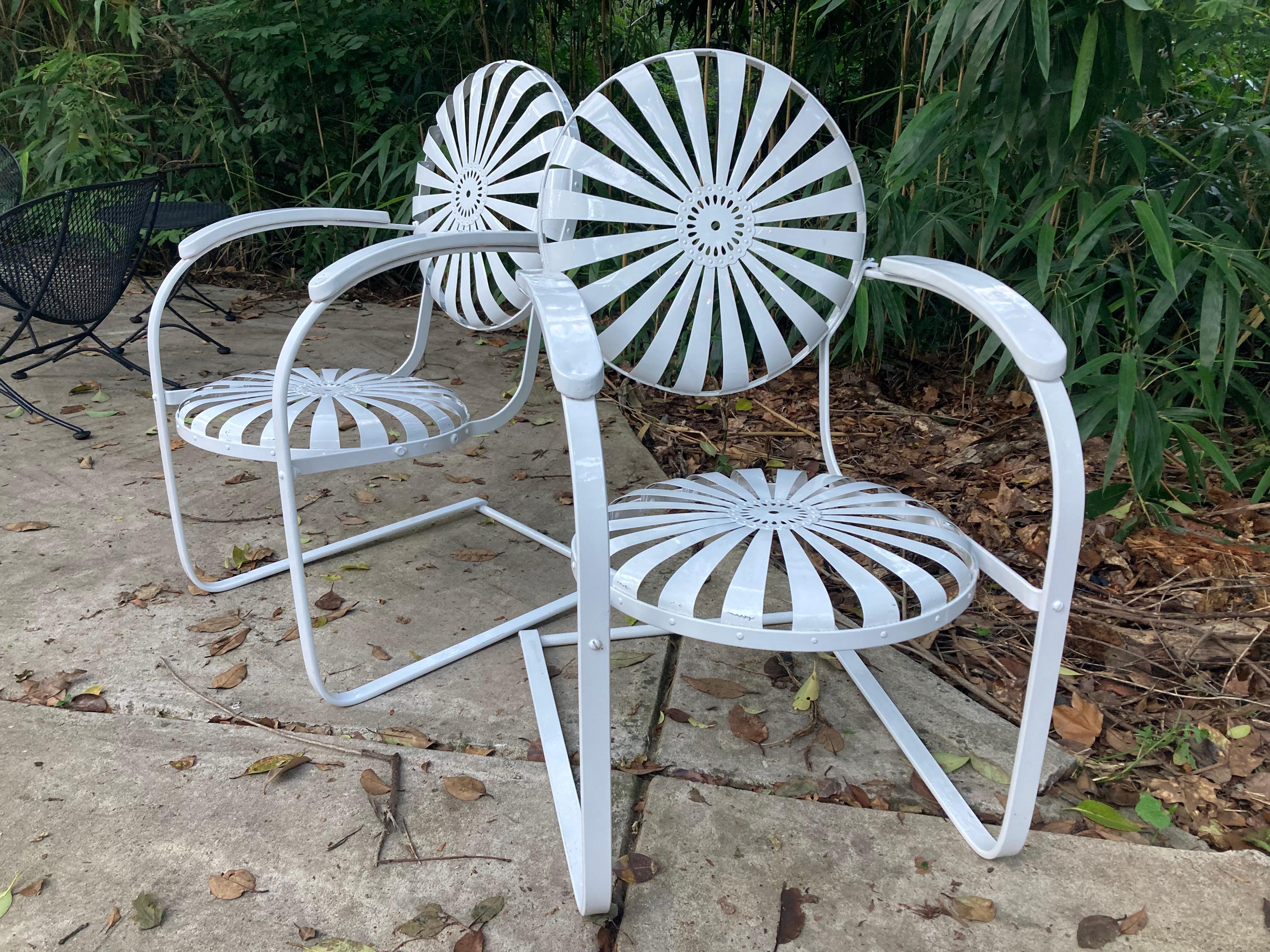 Steel francois carre powder coated white porch rockers circa 1940 For Sale