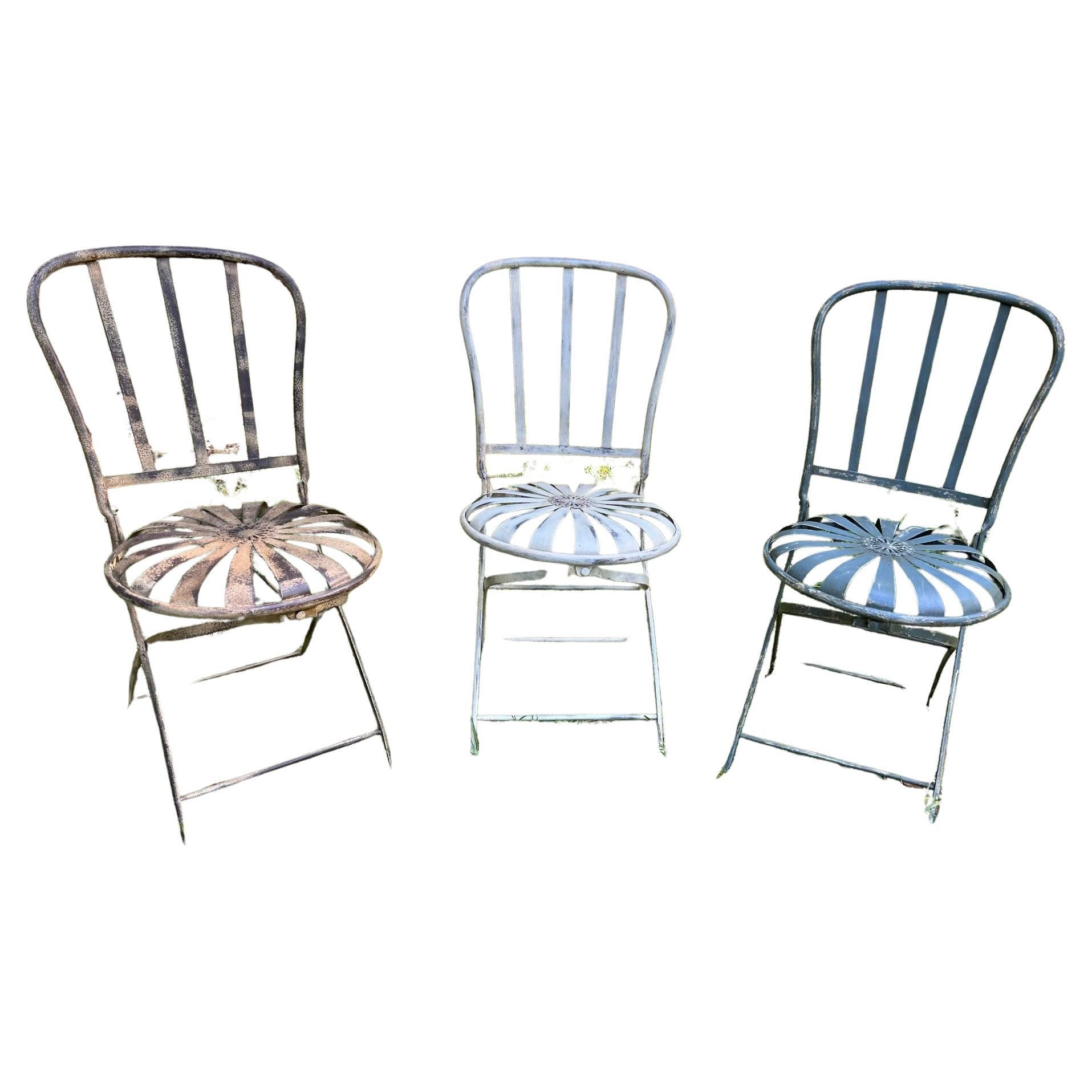 Francois Carre Strap Iron Folding Chairs - Set of 3 For Sale