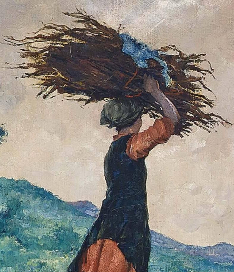 Ligurie, Italie, une peinture impressionniste figurative représentant des paysans sur un pont  - Painting de Francois Charles Baude