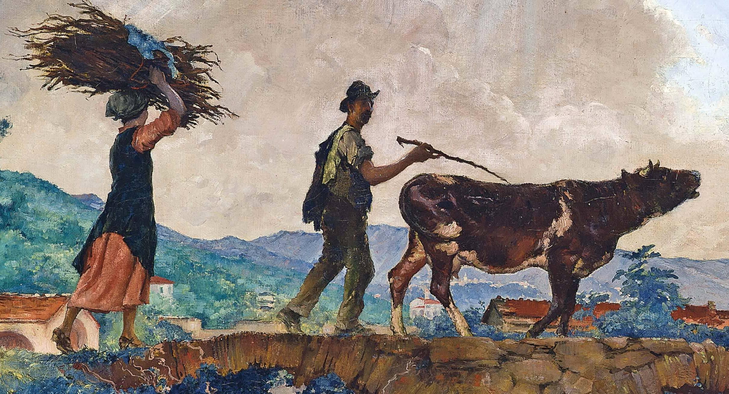 Ligurie, Italie, une peinture impressionniste figurative représentant des paysans sur un pont  - Impressionnisme Painting par Francois Charles Baude